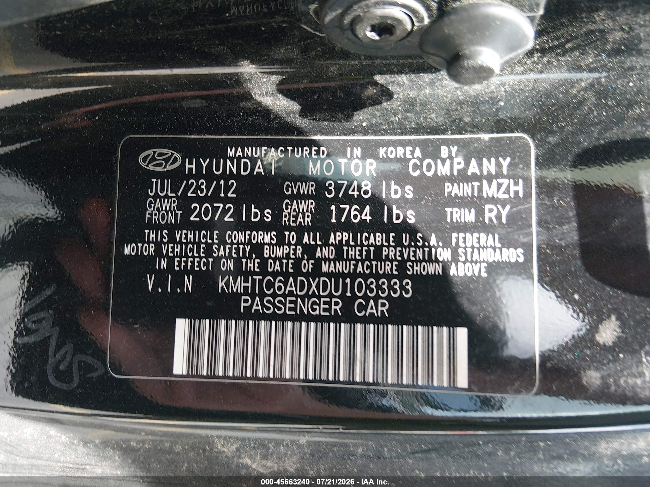 2013 Hyundai Veloster Base W/black Black vin: KMHTC6ADXDU103333