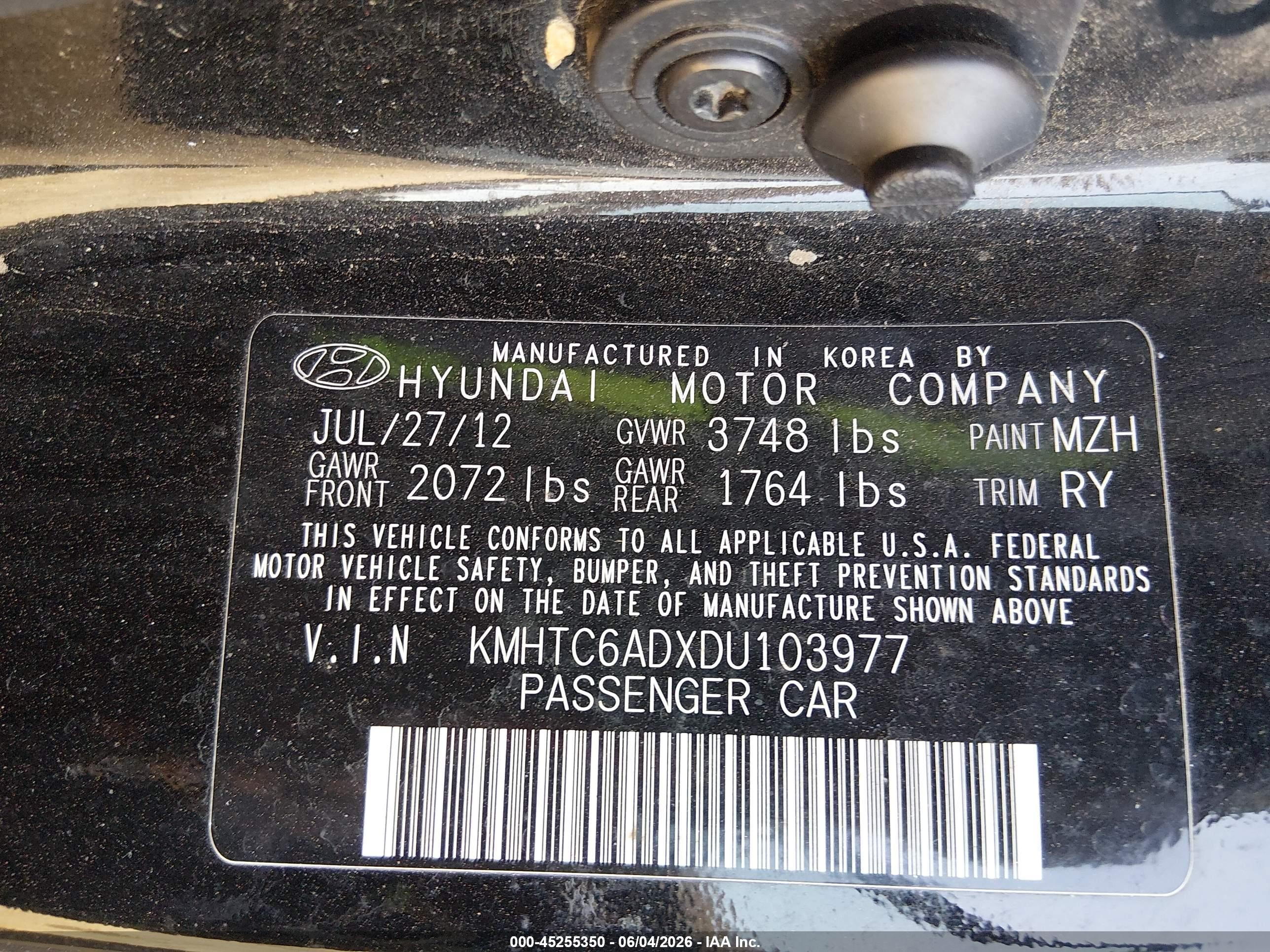 2013 Hyundai Veloster Base W/gray Black vin: KMHTC6ADXDU103977