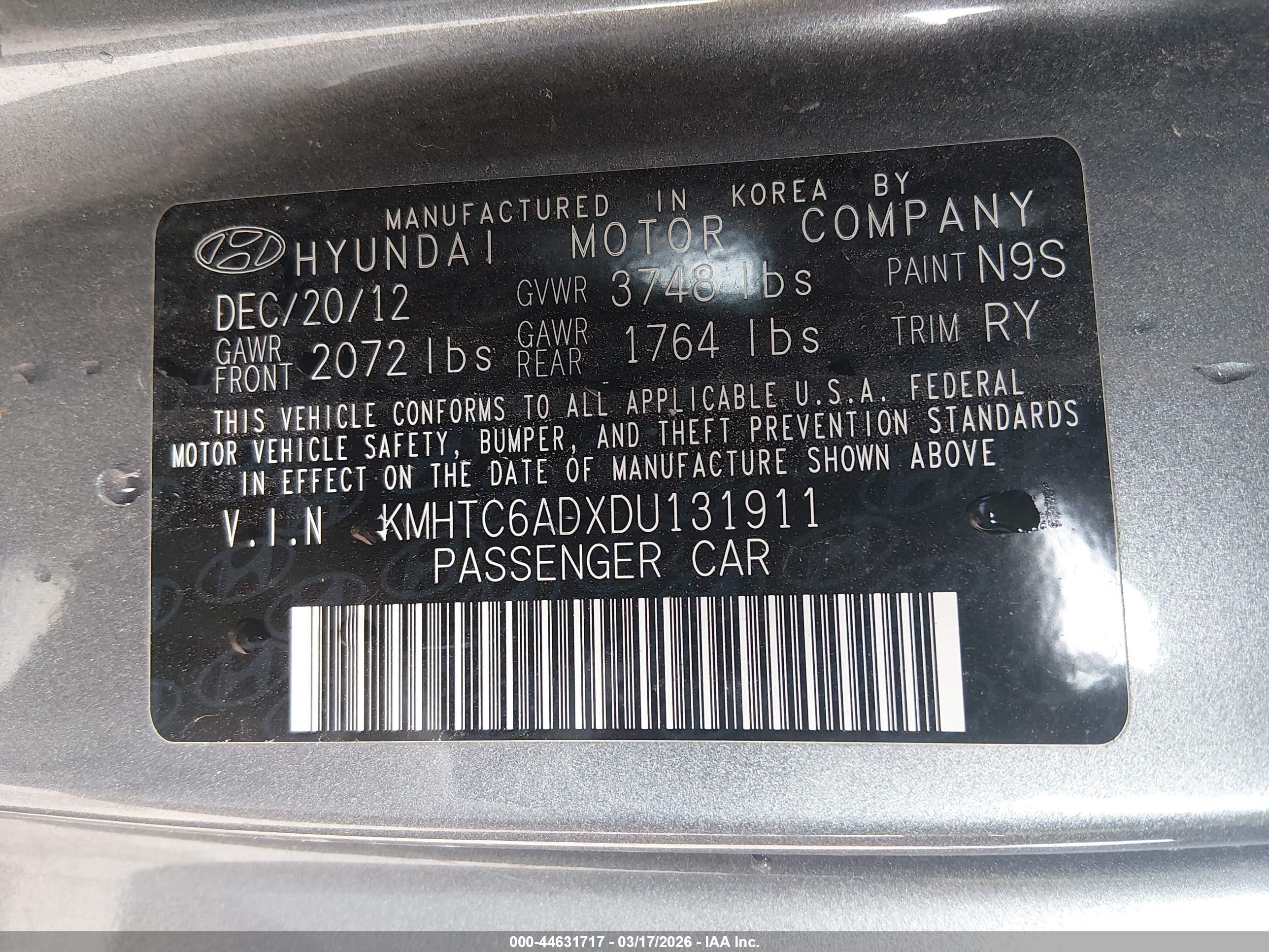 2013 Hyundai Veloster Base W/black Gray vin: KMHTC6ADXDU131911