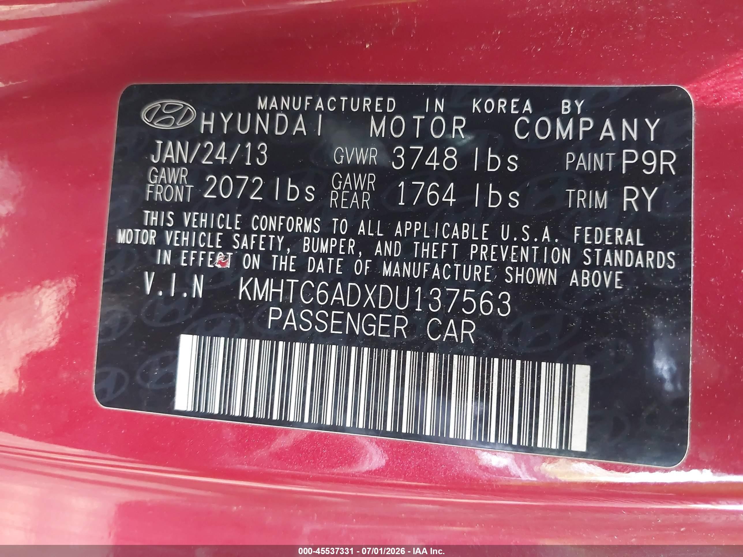 2013 Hyundai Veloster Base W/black Red vin: KMHTC6ADXDU137563