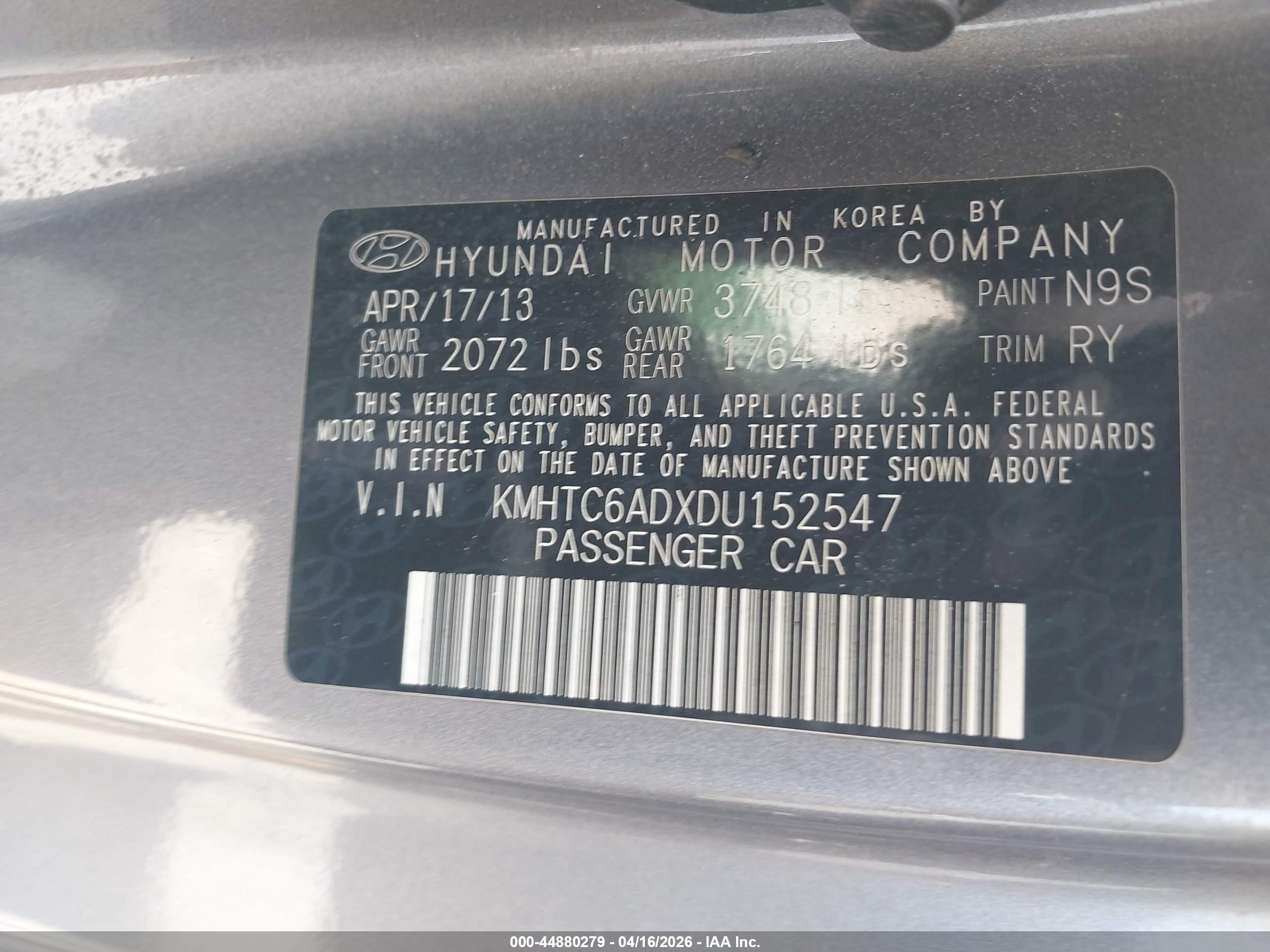 2013 Hyundai Veloster Base W/black Gray vin: KMHTC6ADXDU152547