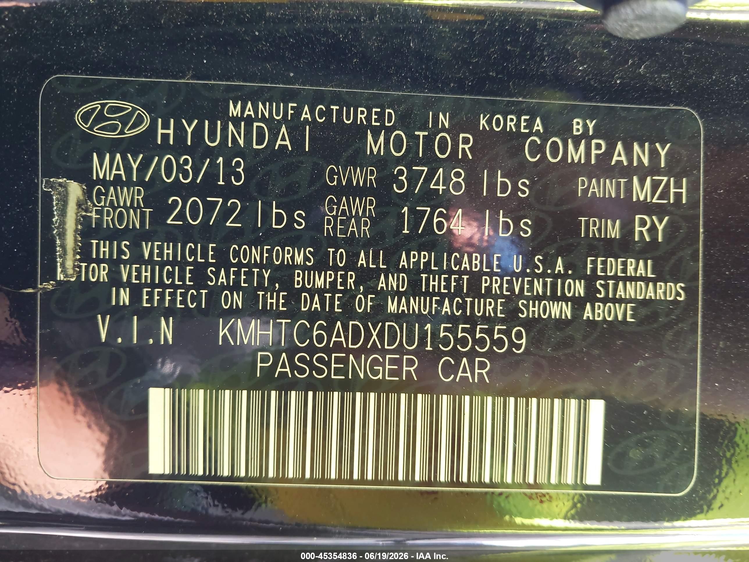 2013 Hyundai Veloster Base W/black Black vin: KMHTC6ADXDU155559