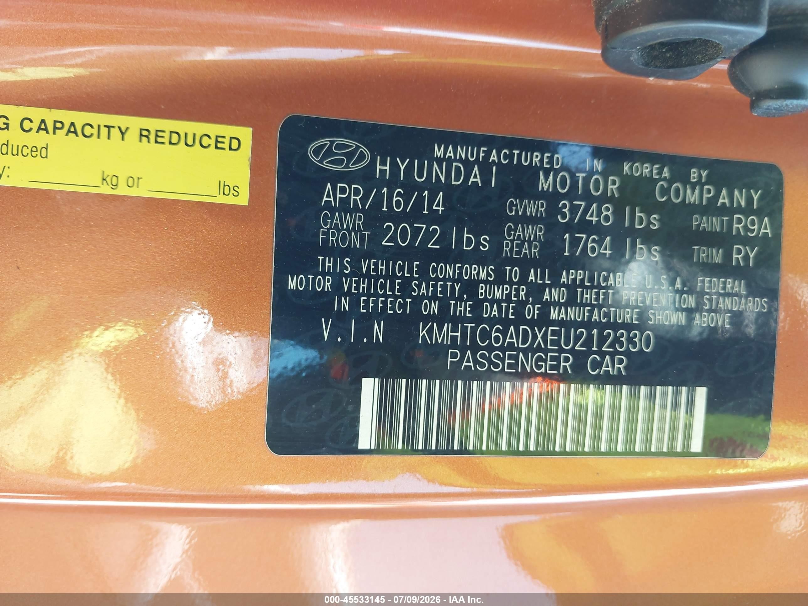2014 Hyundai Veloster Base W/black Orange vin: KMHTC6ADXEU212330