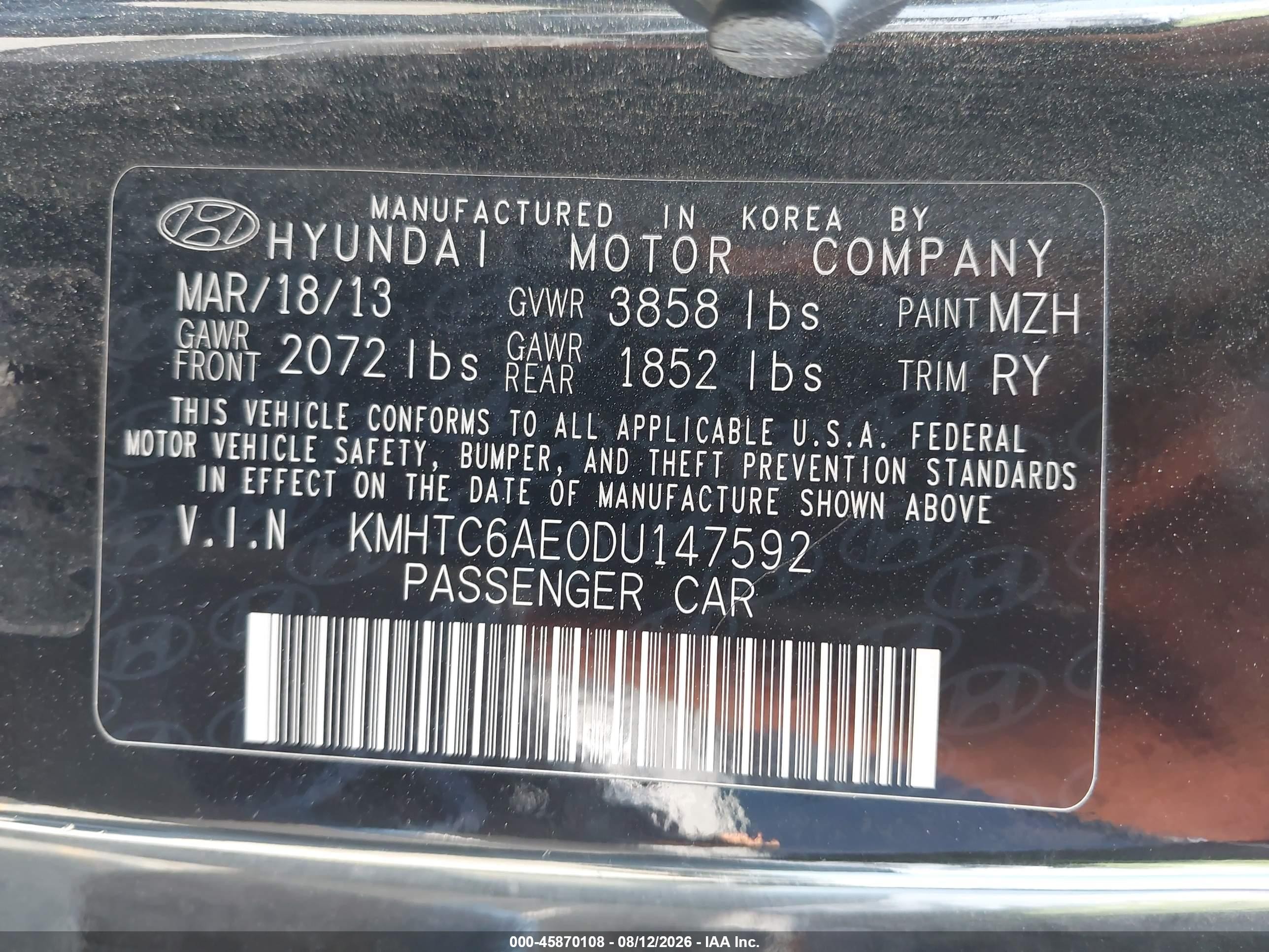 2013 Hyundai Veloster Turbo W/blue Black vin: KMHTC6AE0DU147592