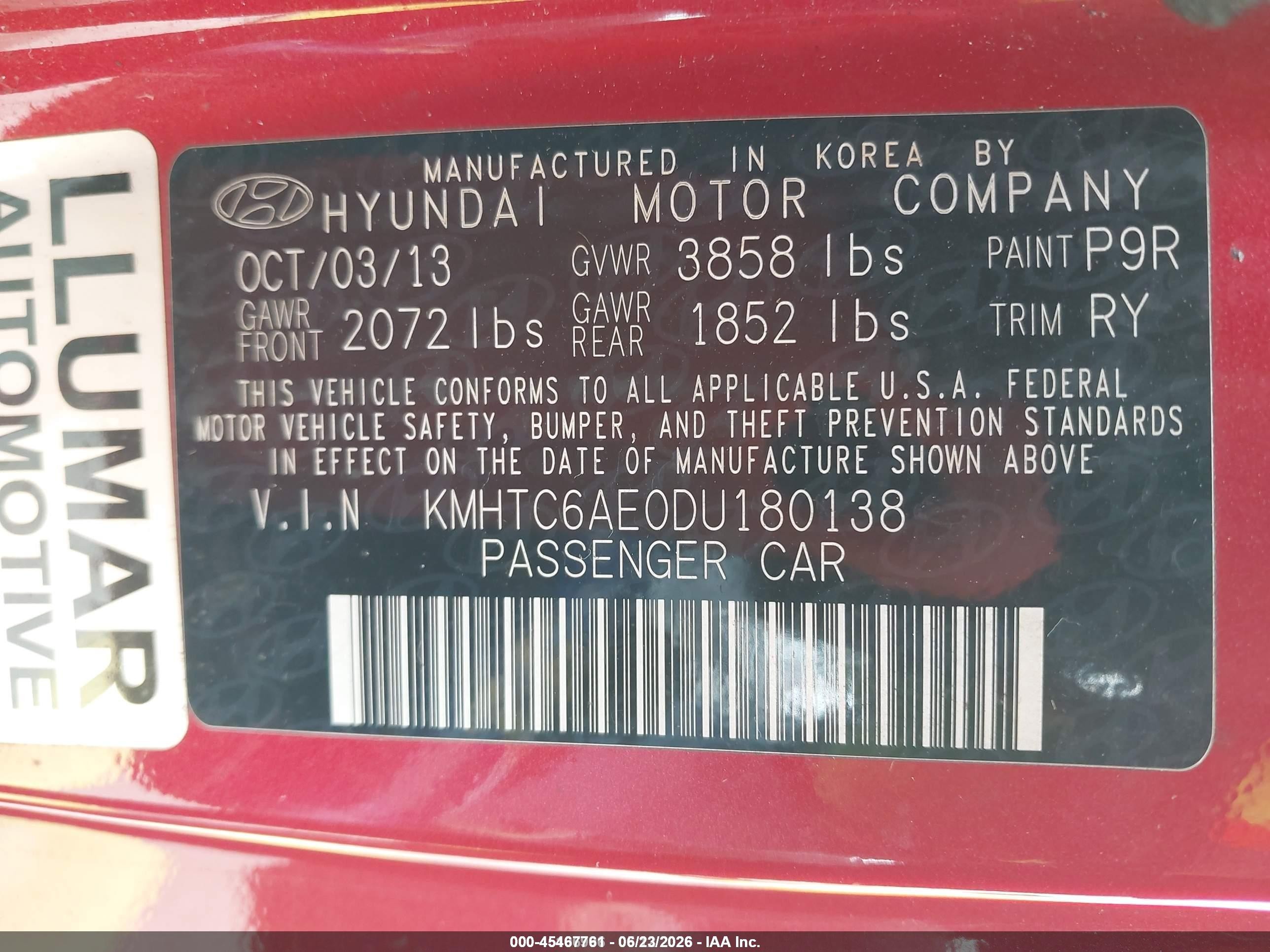 2013 Hyundai Veloster Turbo W/black Red vin: KMHTC6AE0DU180138