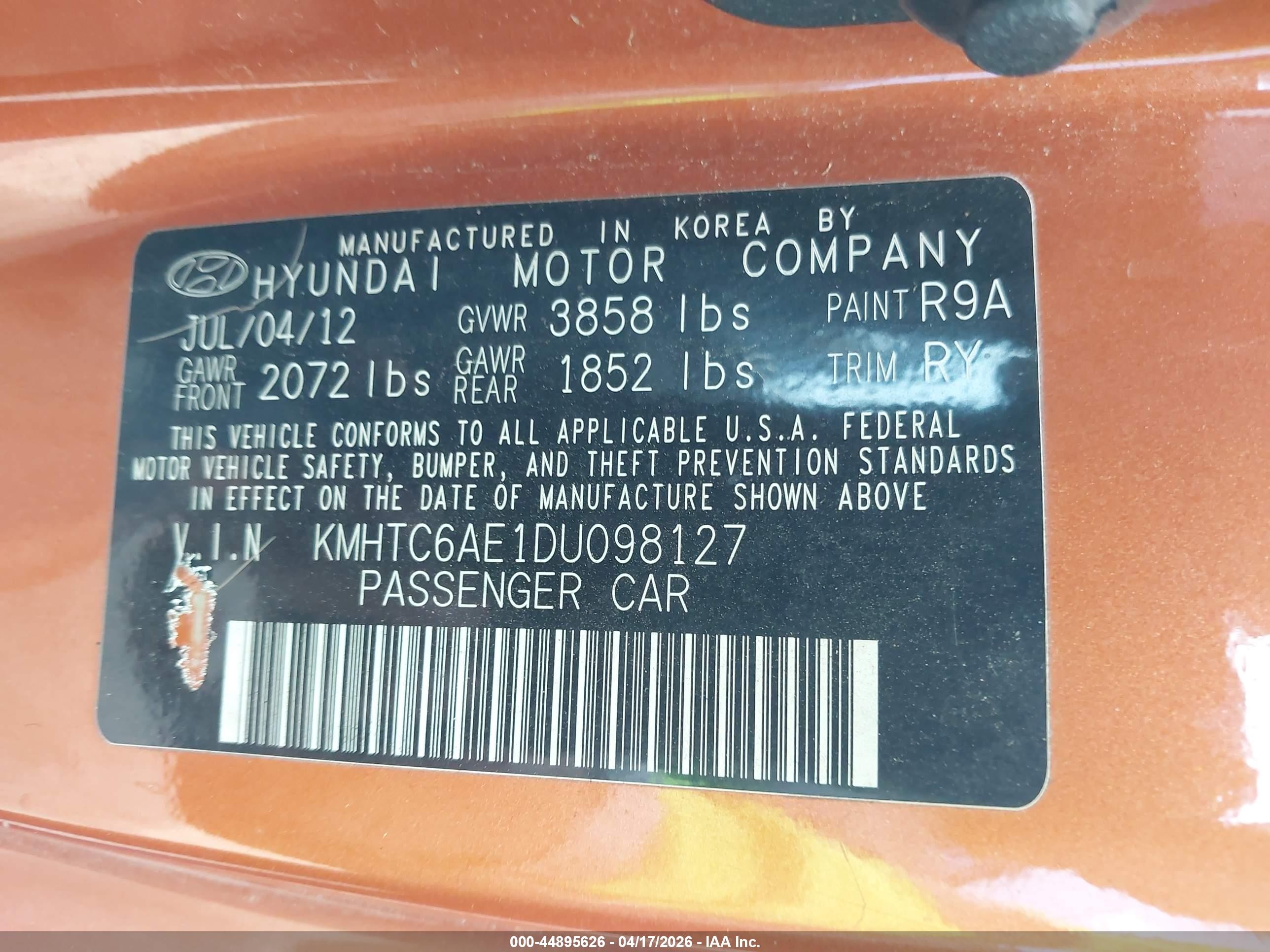 2013 Hyundai Veloster Turbo W/black Orange vin: KMHTC6AE1DU098127