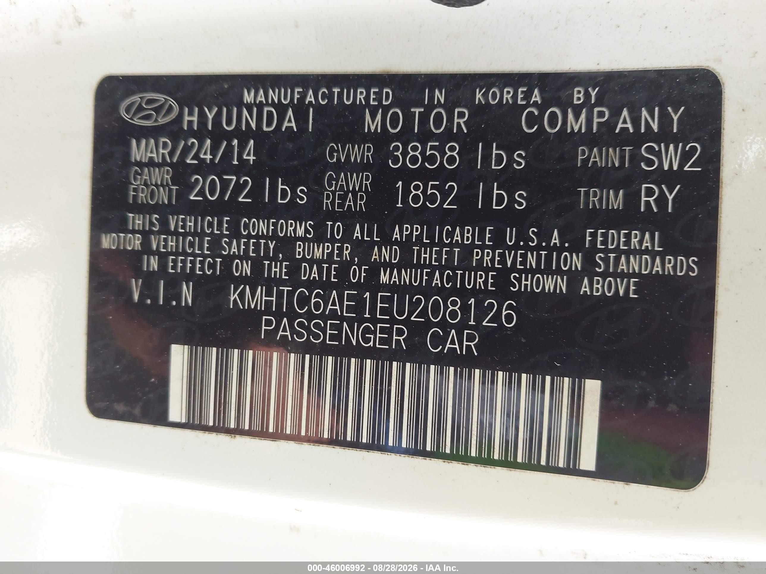 2014 Hyundai Veloster Turbo W/blue White vin: KMHTC6AE1EU208126