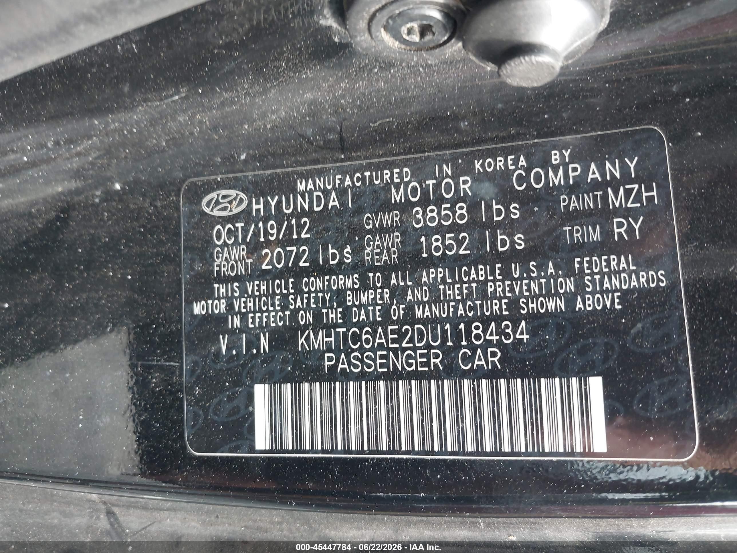 2013 Hyundai Veloster Turbo W/blue Black vin: KMHTC6AE2DU118434