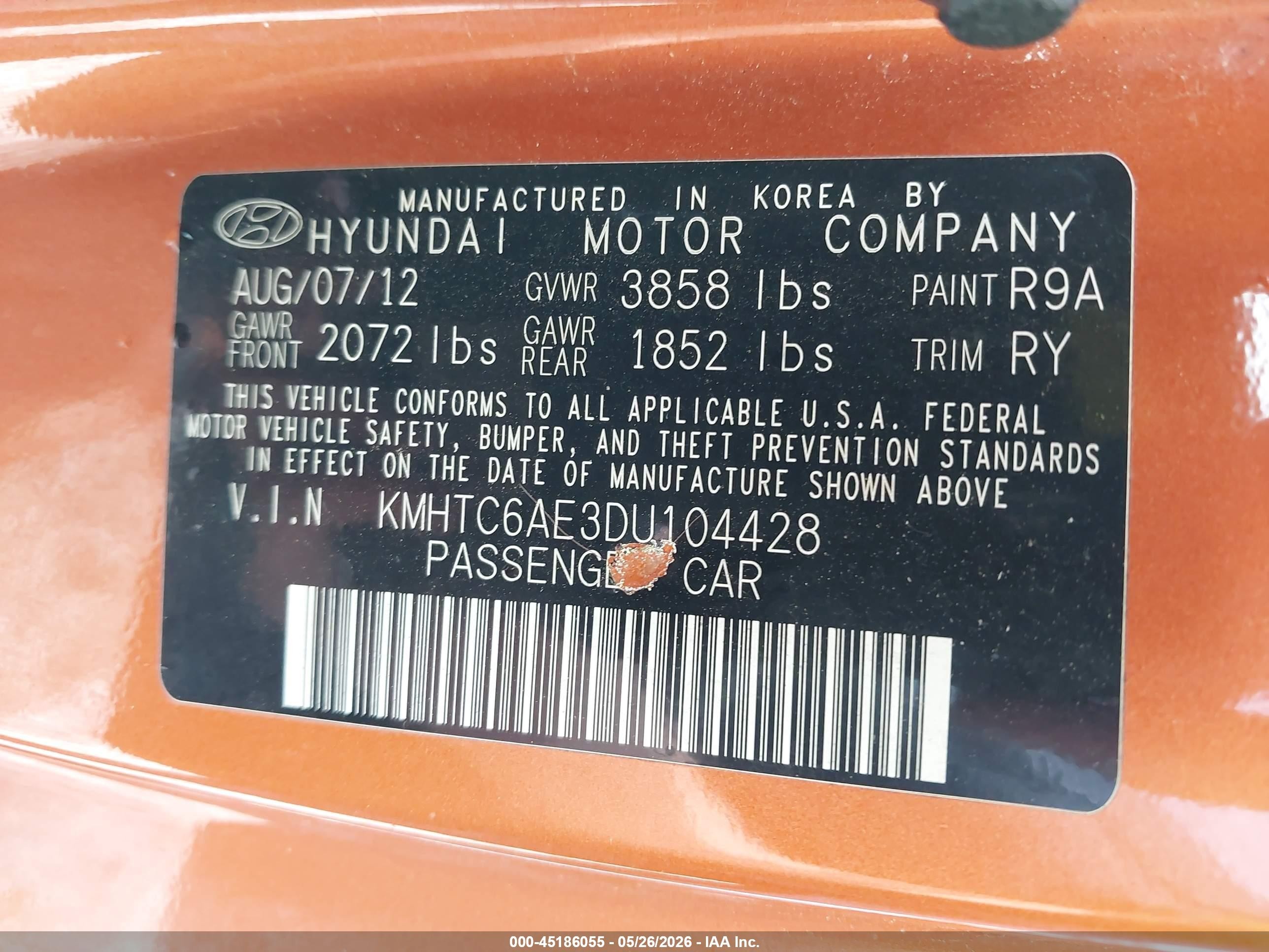 2013 Hyundai Veloster Turbo W/black Orange vin: KMHTC6AE3DU104428