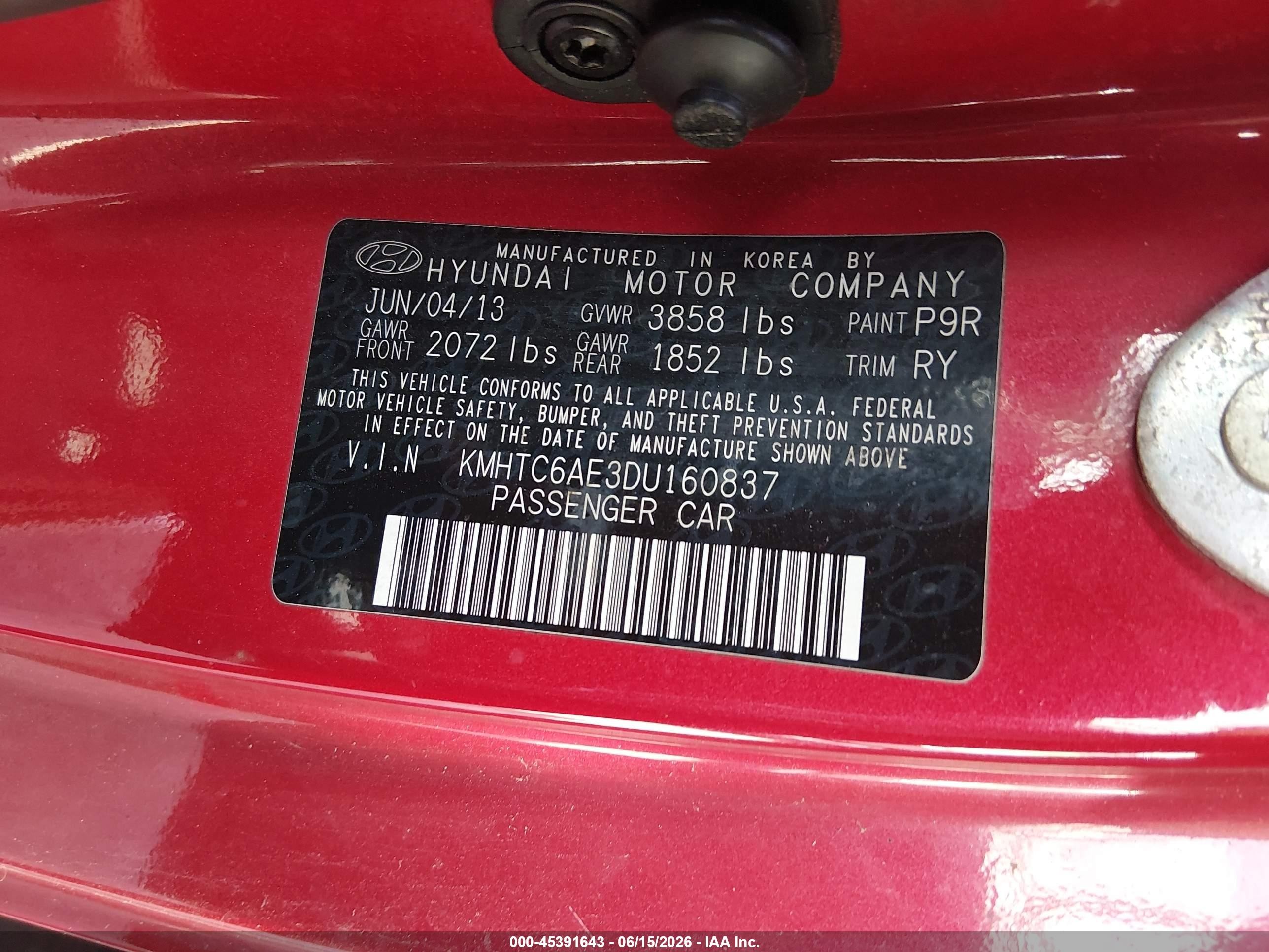2013 Hyundai Veloster Turbo W/black Red vin: KMHTC6AE3DU160837