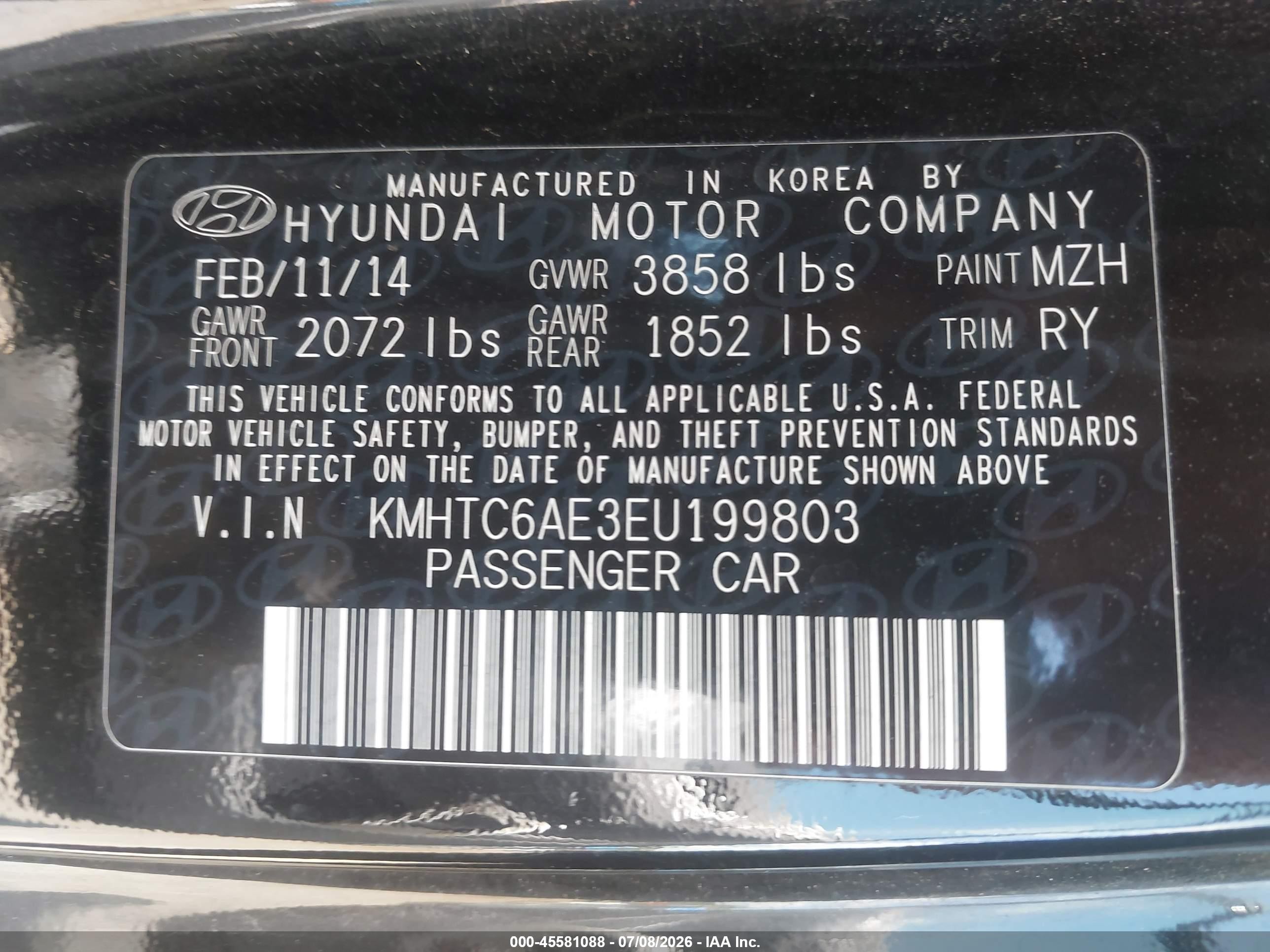 2014 Hyundai Veloster Turbo W/black Black vin: KMHTC6AE3EU199803