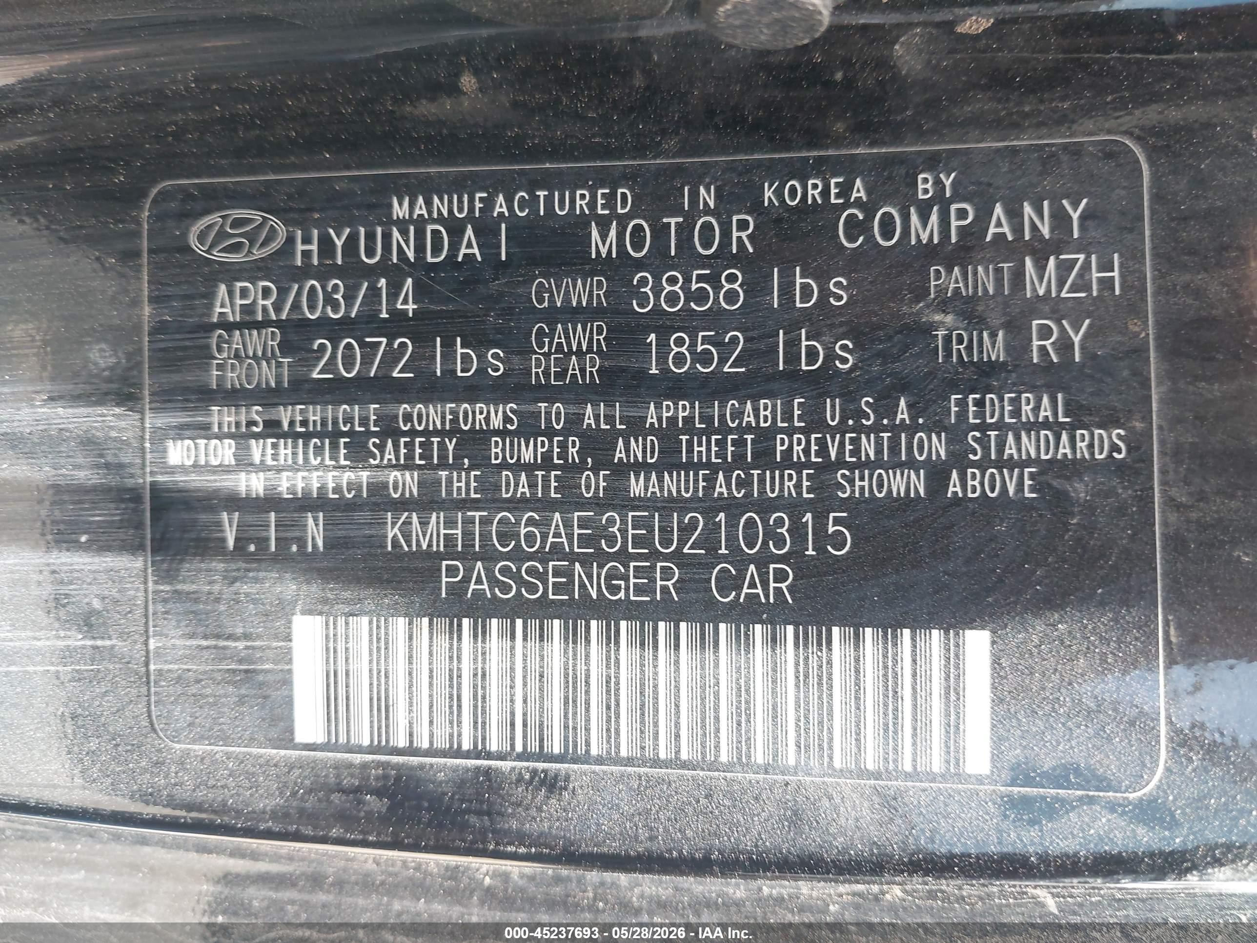 2014 Hyundai Veloster Turbo W/blue Black vin: KMHTC6AE3EU210315