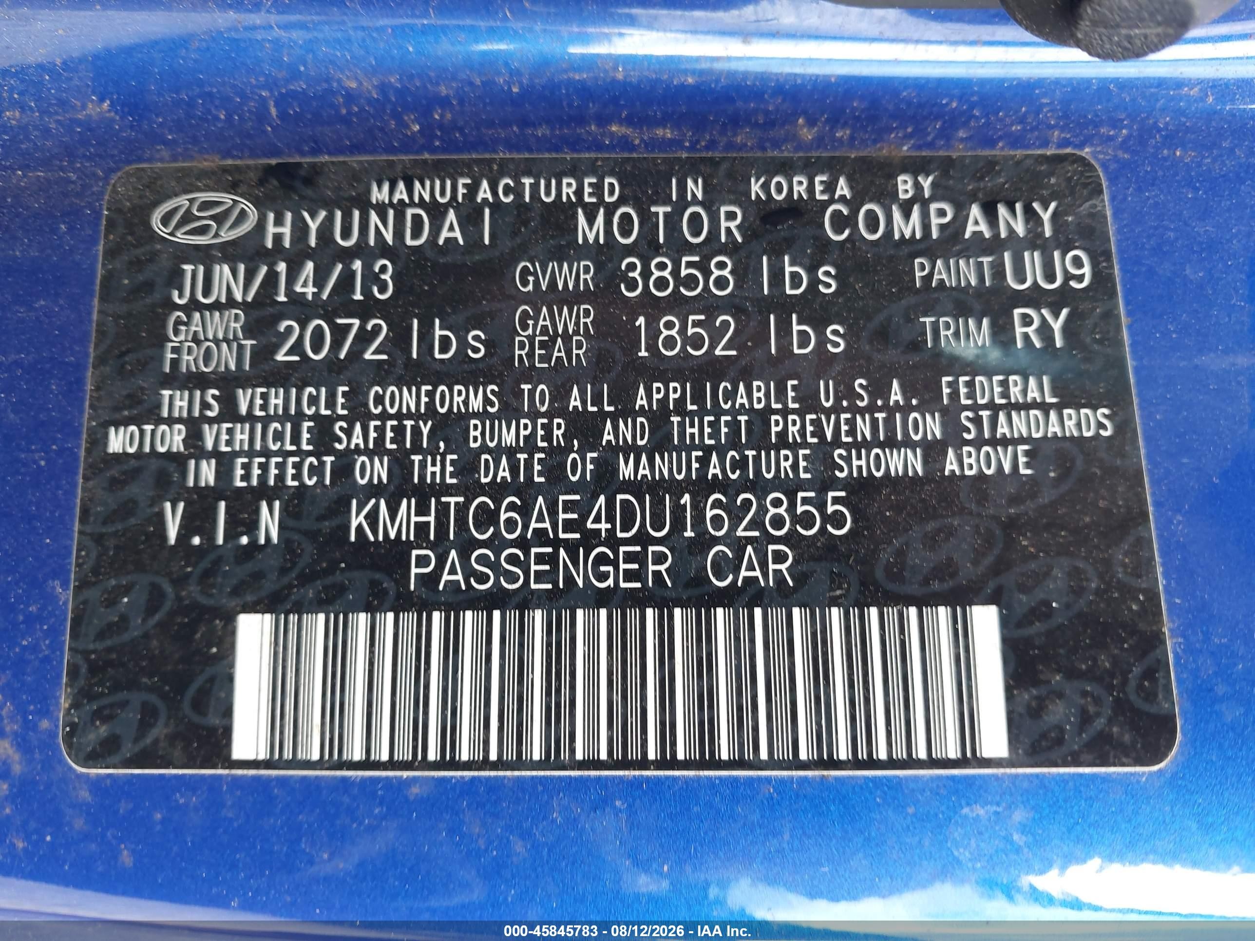 2013 Hyundai Veloster Turbo W/black Blue vin: KMHTC6AE4DU162855