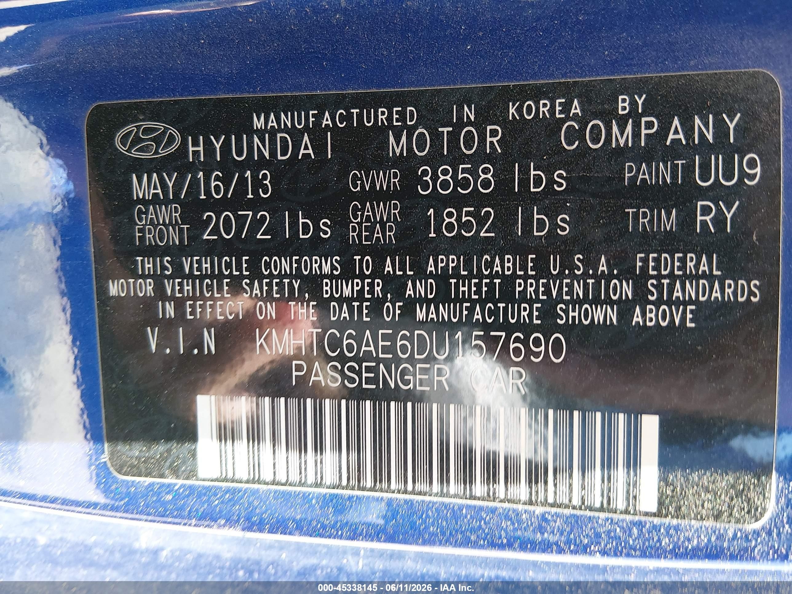 2013 Hyundai Veloster Turbo W/black Blue vin: KMHTC6AE6DU157690