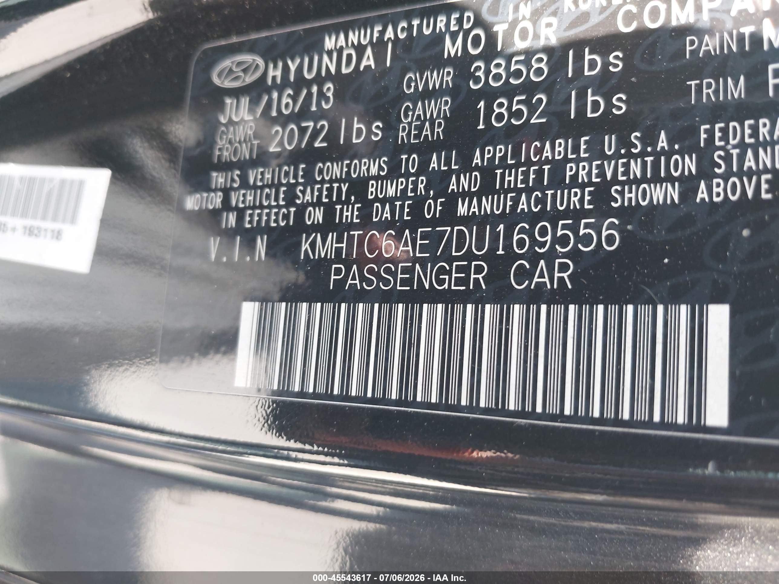 2013 Hyundai Veloster Turbo W/black Black vin: KMHTC6AE7DU169556
