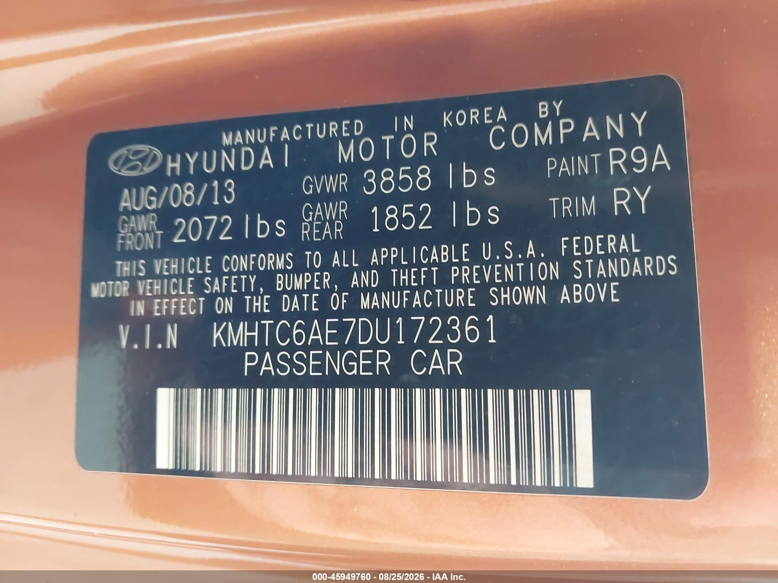 2013 Hyundai Veloster Turbo W/black Orange vin: KMHTC6AE7DU172361