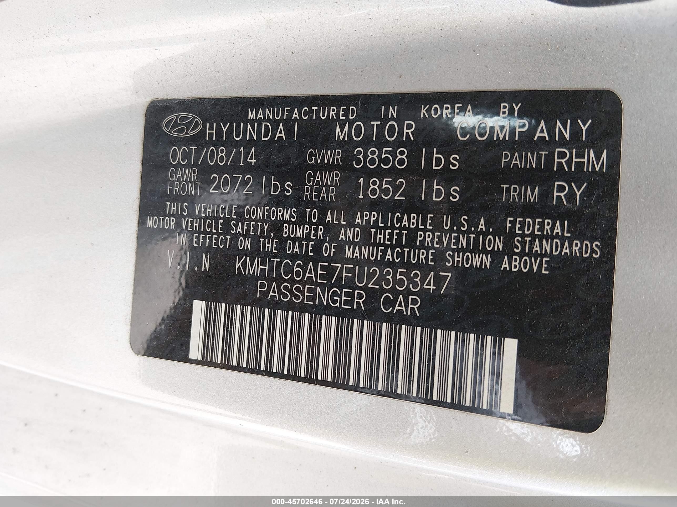 2015 Hyundai Veloster Turbo Silver vin: KMHTC6AE7FU235347