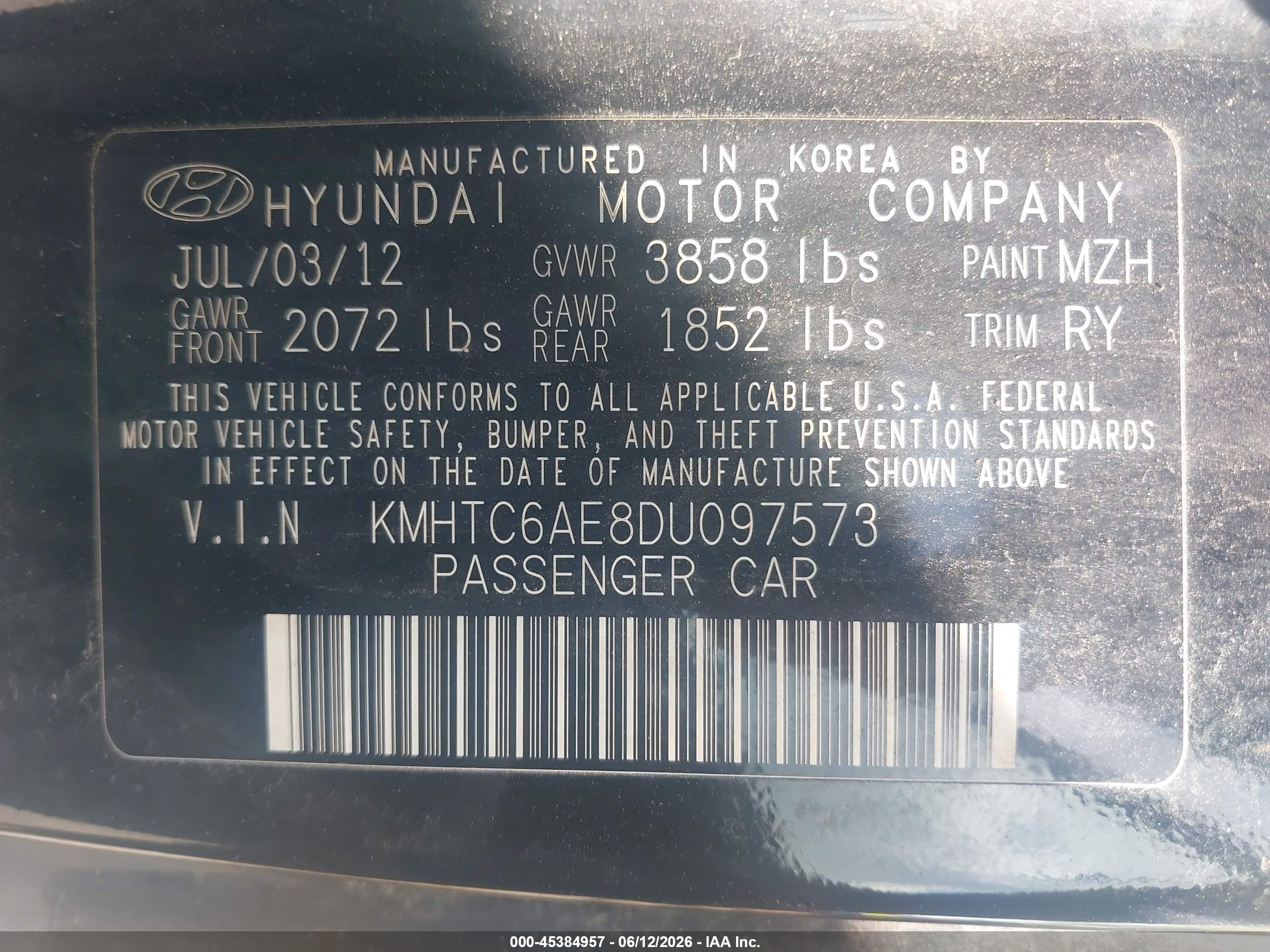 2013 Hyundai Veloster Turbo W/black Black vin: KMHTC6AE8DU097573