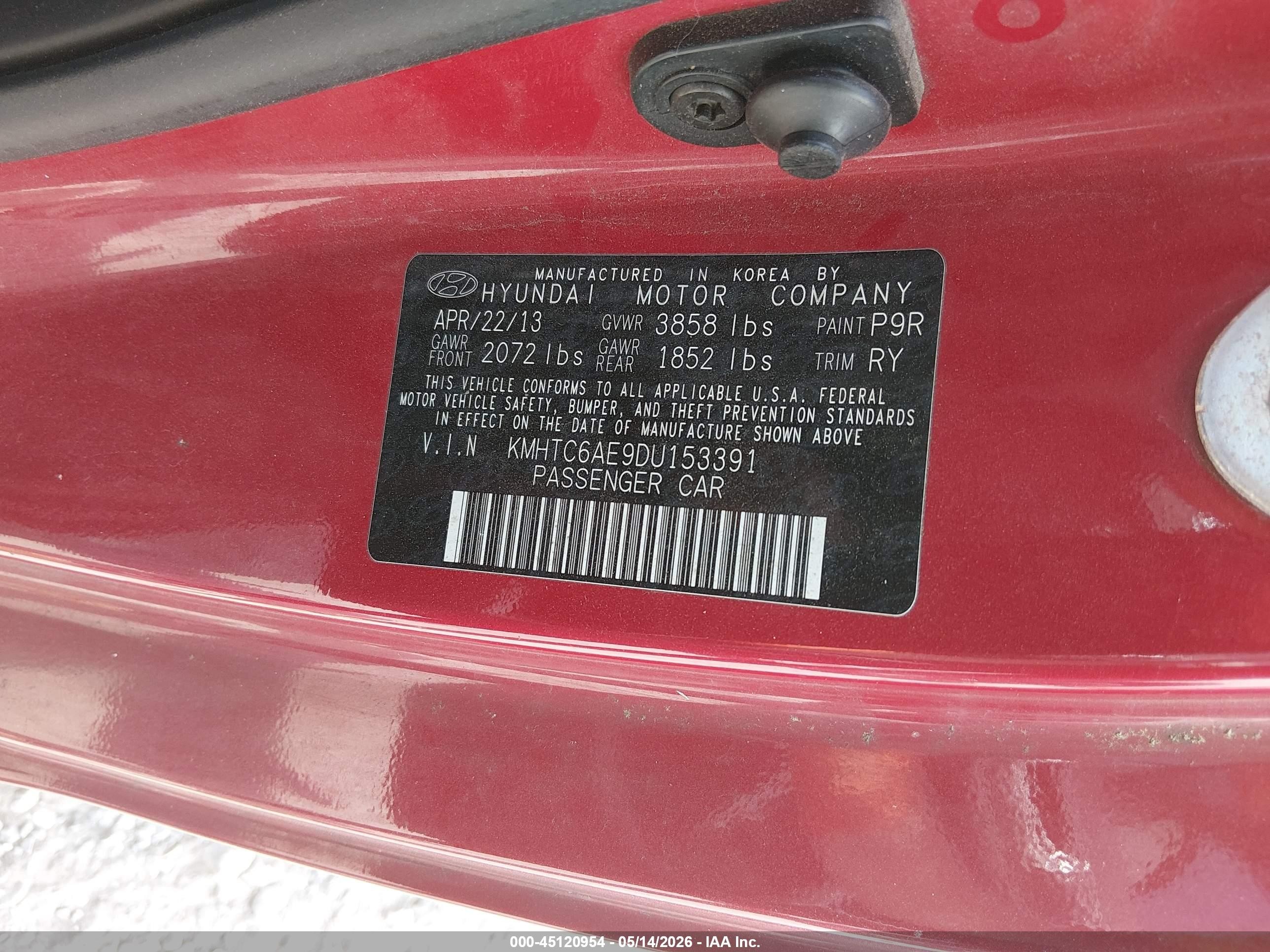 2013 Hyundai Veloster Turbo W/black Red vin: KMHTC6AE9DU153391