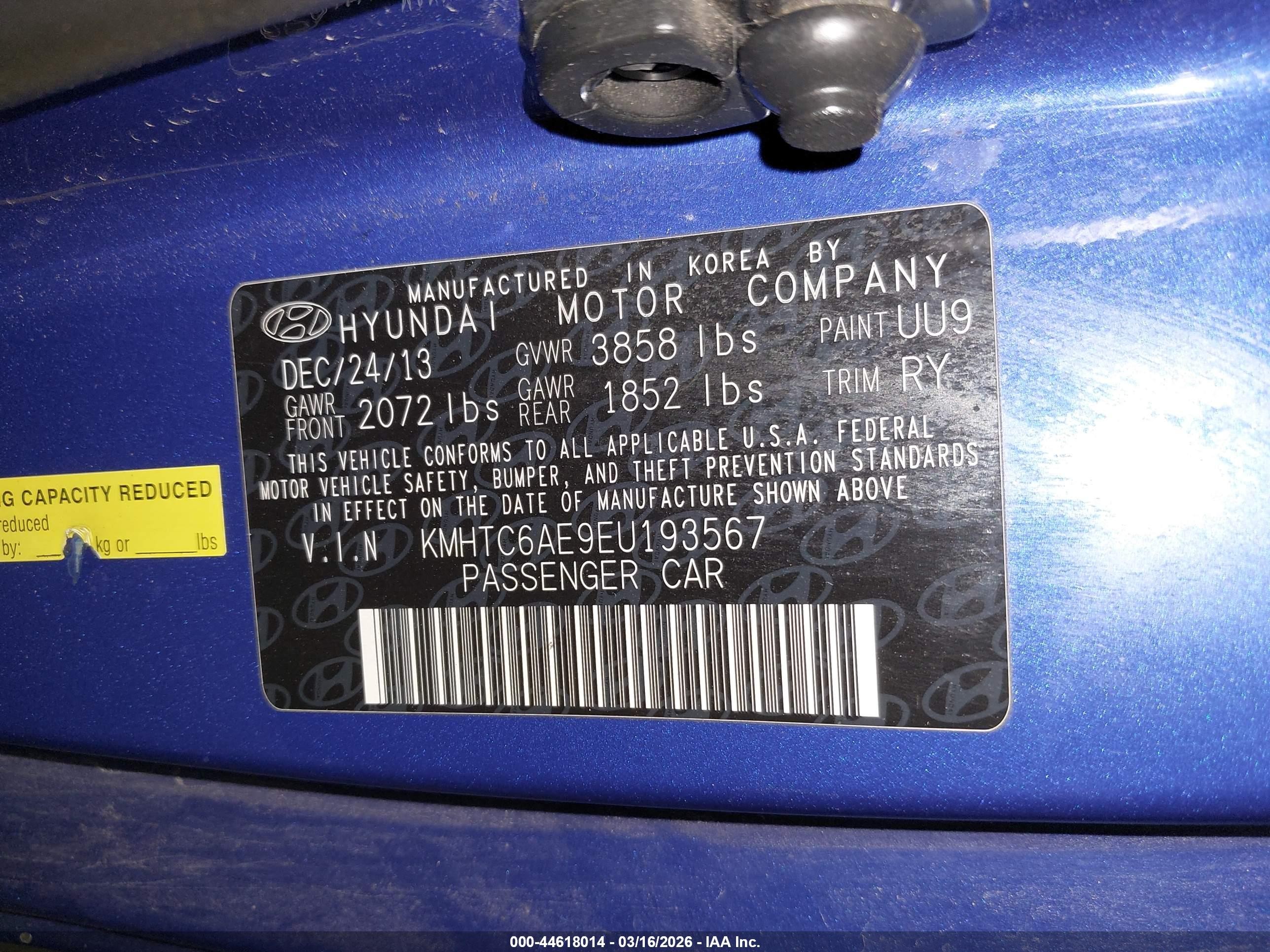 2014 Hyundai Veloster Turbo W/black Blue vin: KMHTC6AE9EU193567