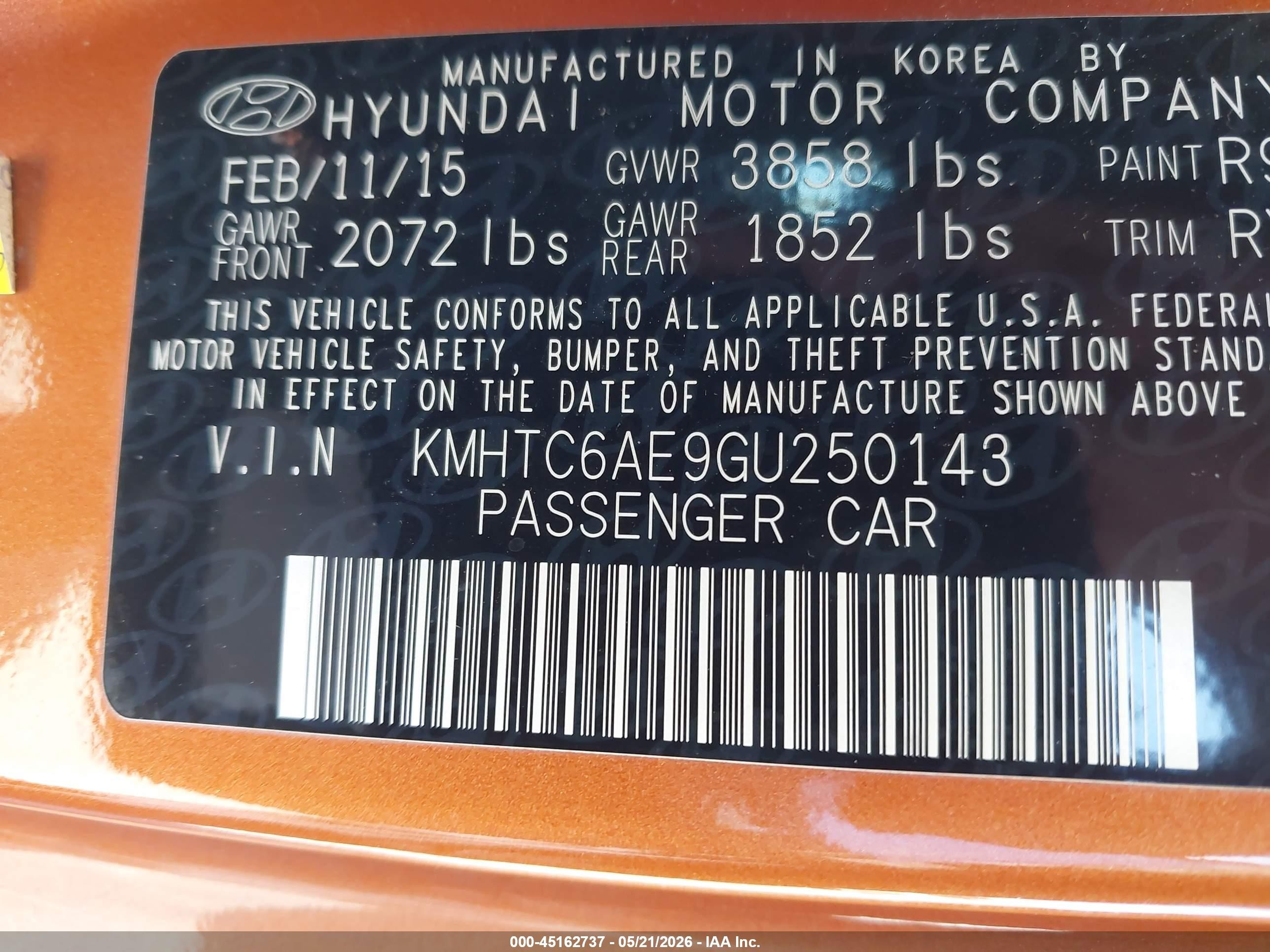 2016 Hyundai Veloster Turbo Orange vin: KMHTC6AE9GU250143