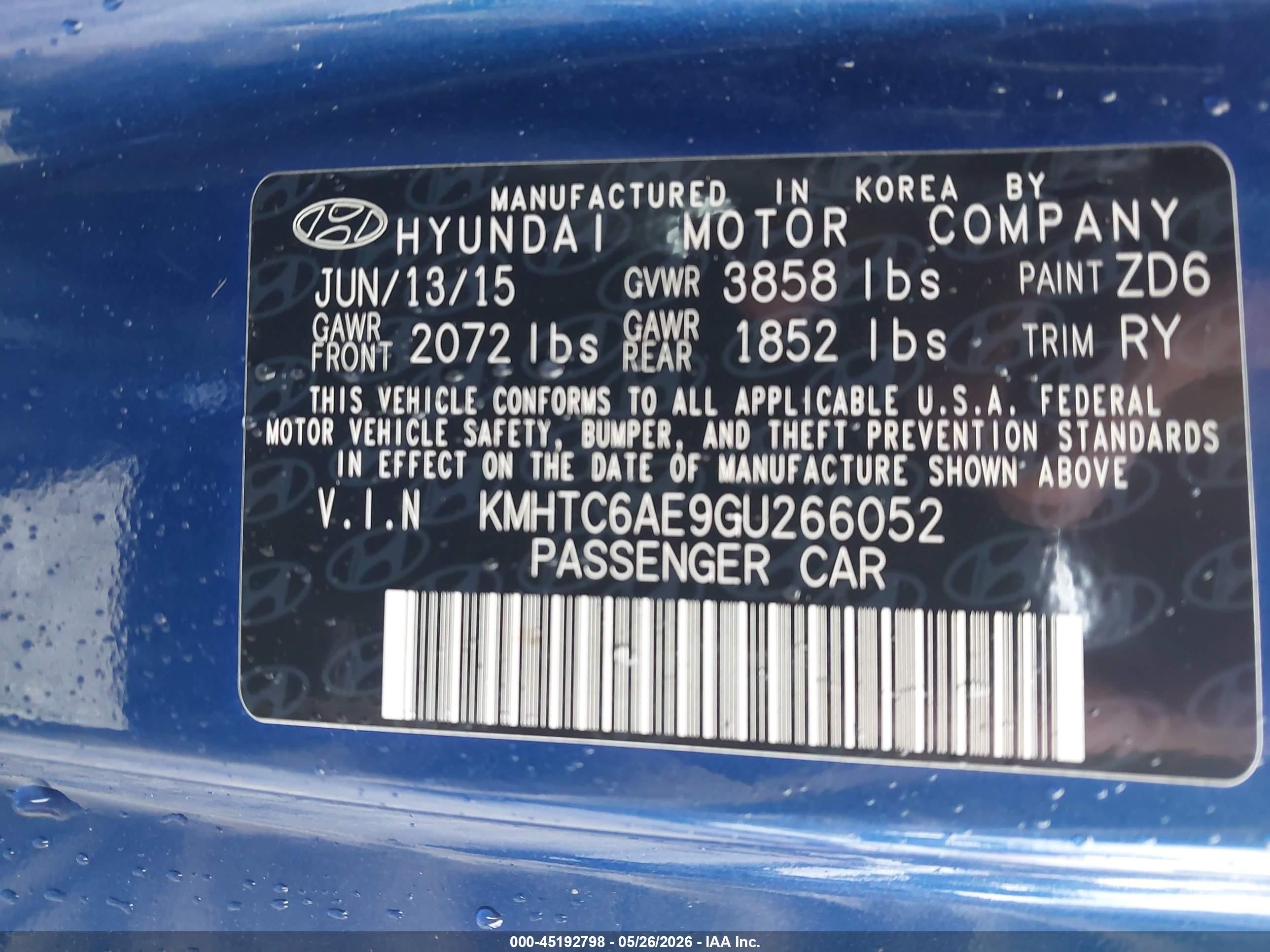 2016 Hyundai Veloster Turbo Blue vin: KMHTC6AE9GU266052