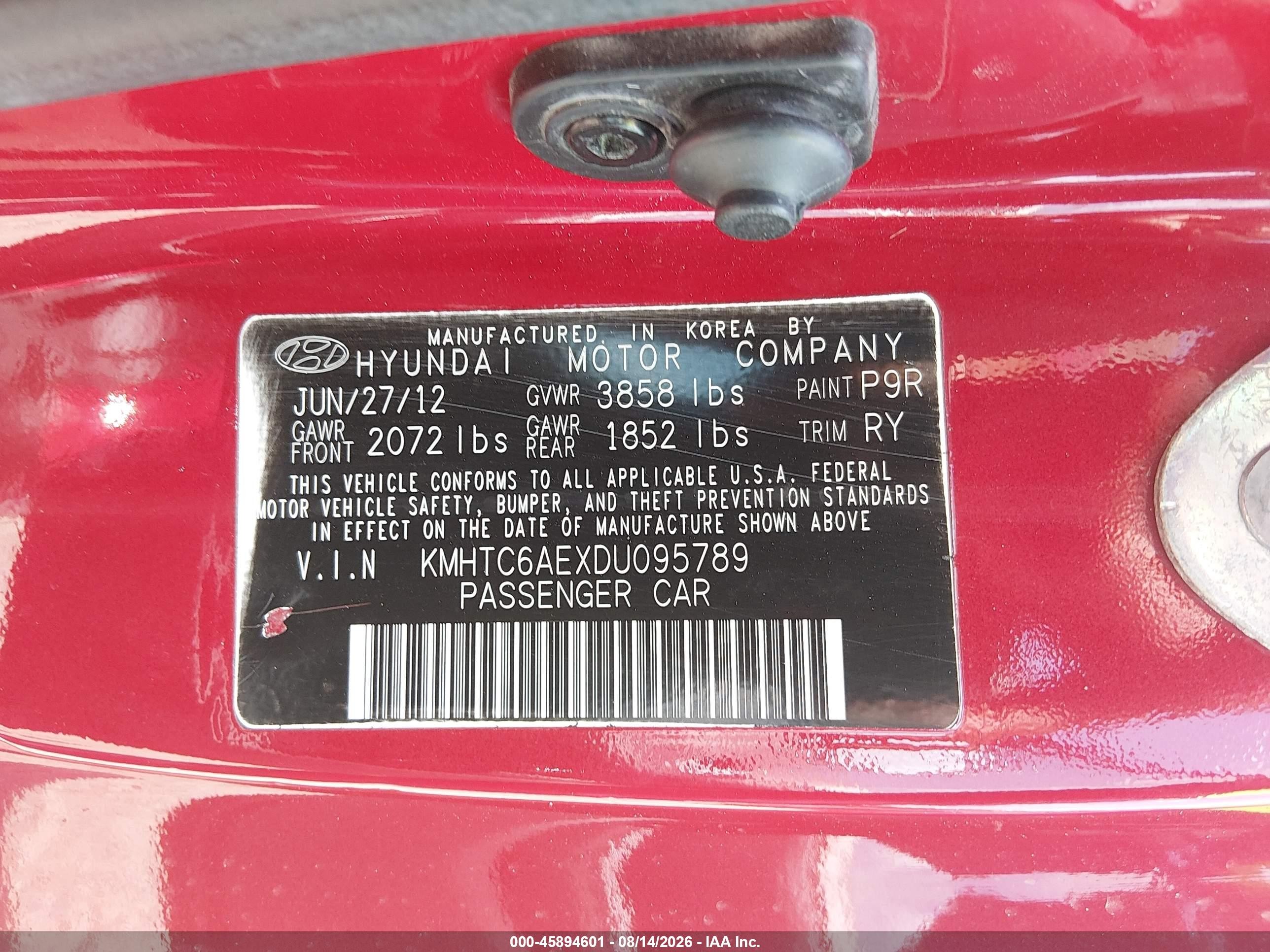 2013 Hyundai Veloster Turbo W/black Red vin: KMHTC6AEXDU095789
