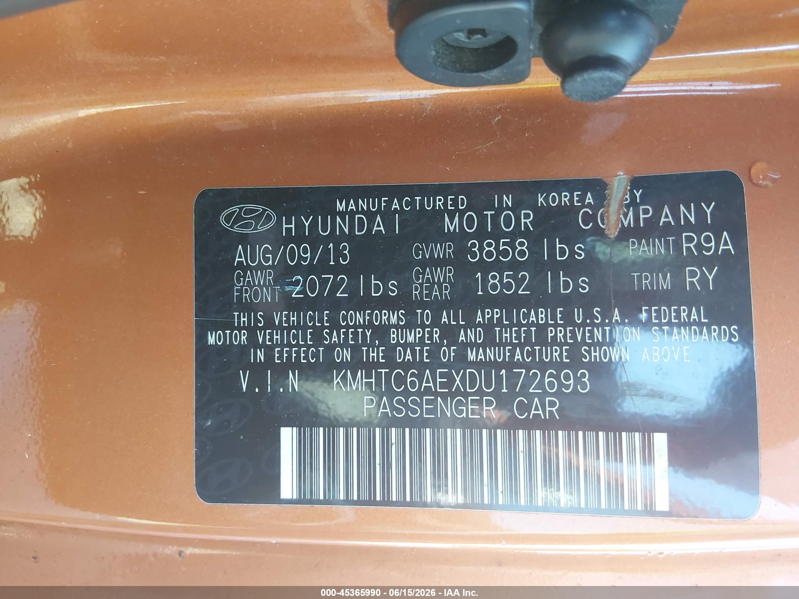 2013 Hyundai Veloster Turbo W/black Orange vin: KMHTC6AEXDU172693