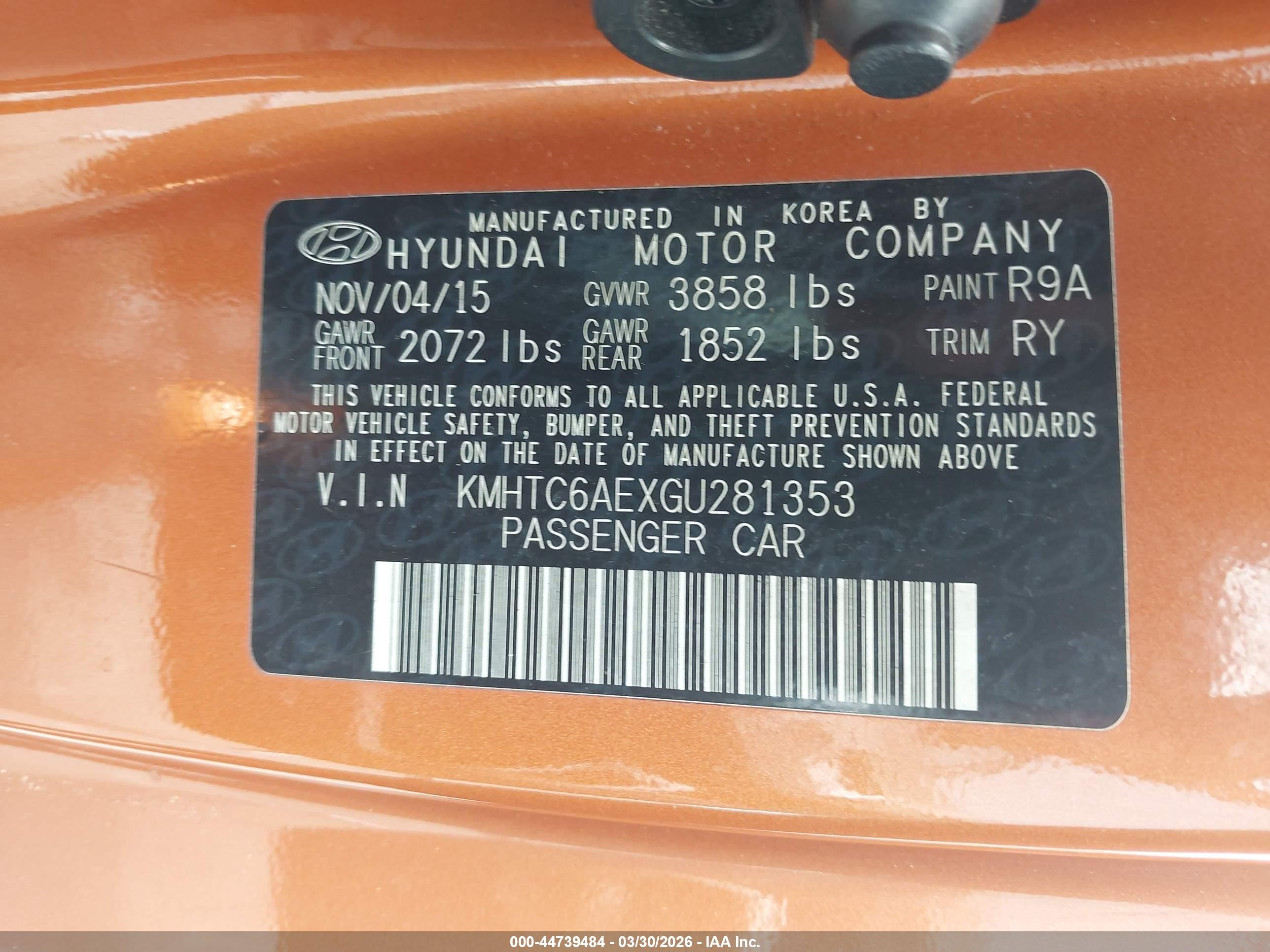 2016 Hyundai Veloster Turbo Orange vin: KMHTC6AEXGU281353
