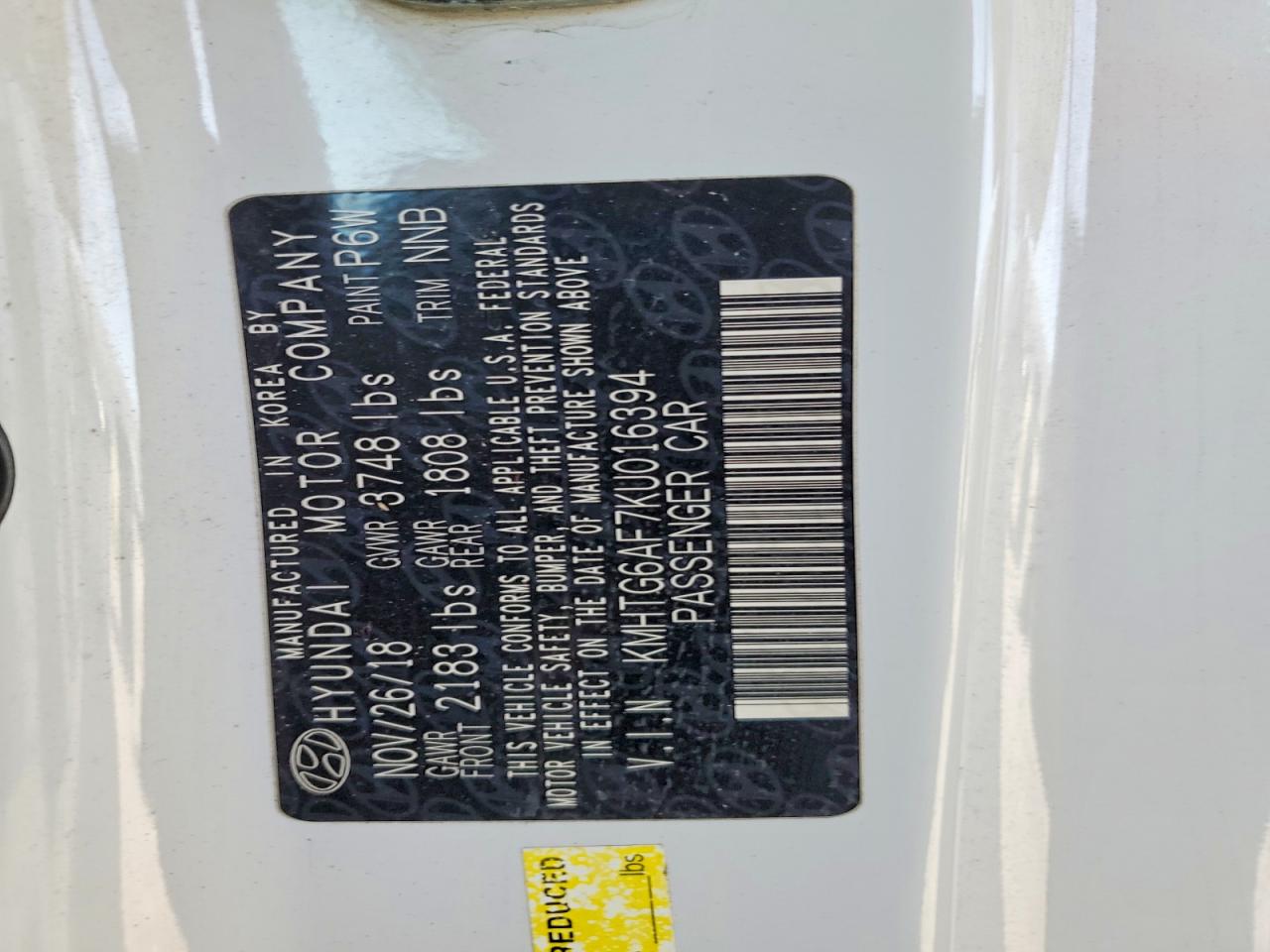 2019 Hyundai Veloster 2.0l White vin: KMHTG6AF7KU016394