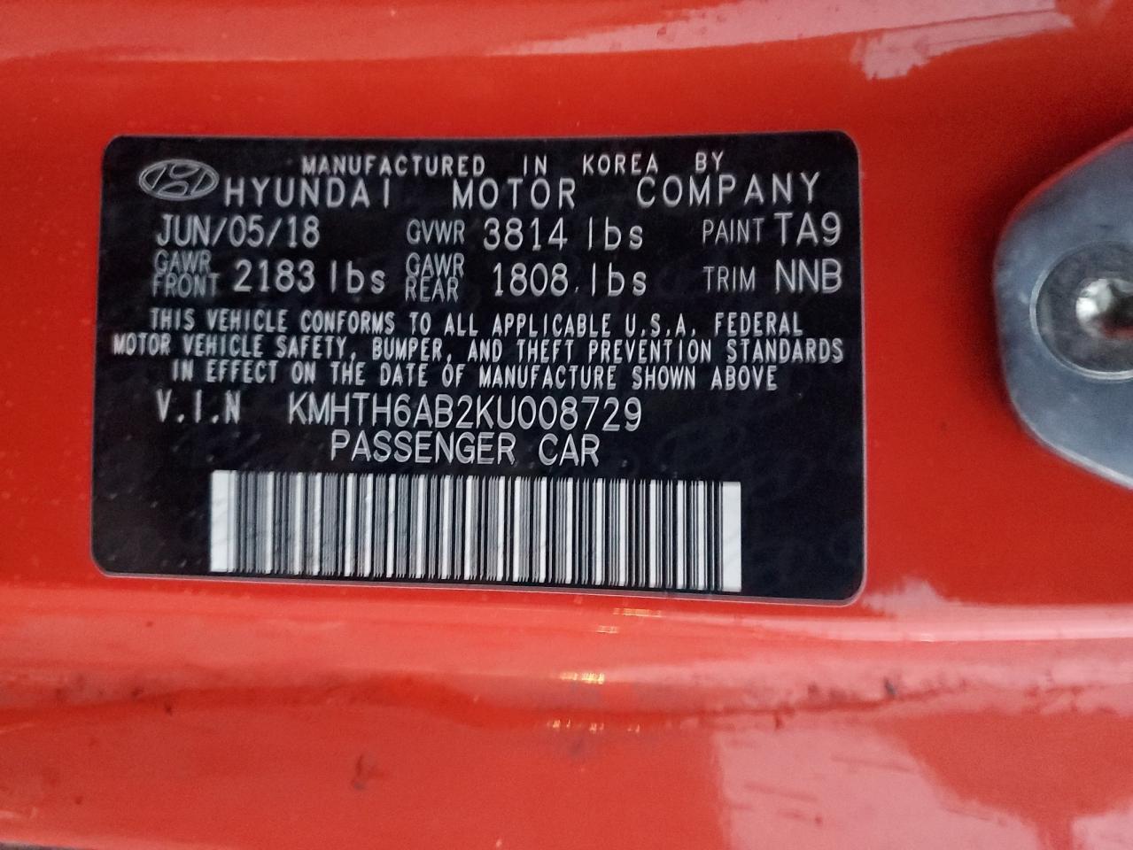 2019 Hyundai Veloster Turbo Orange vin: KMHTH6AB2KU008729