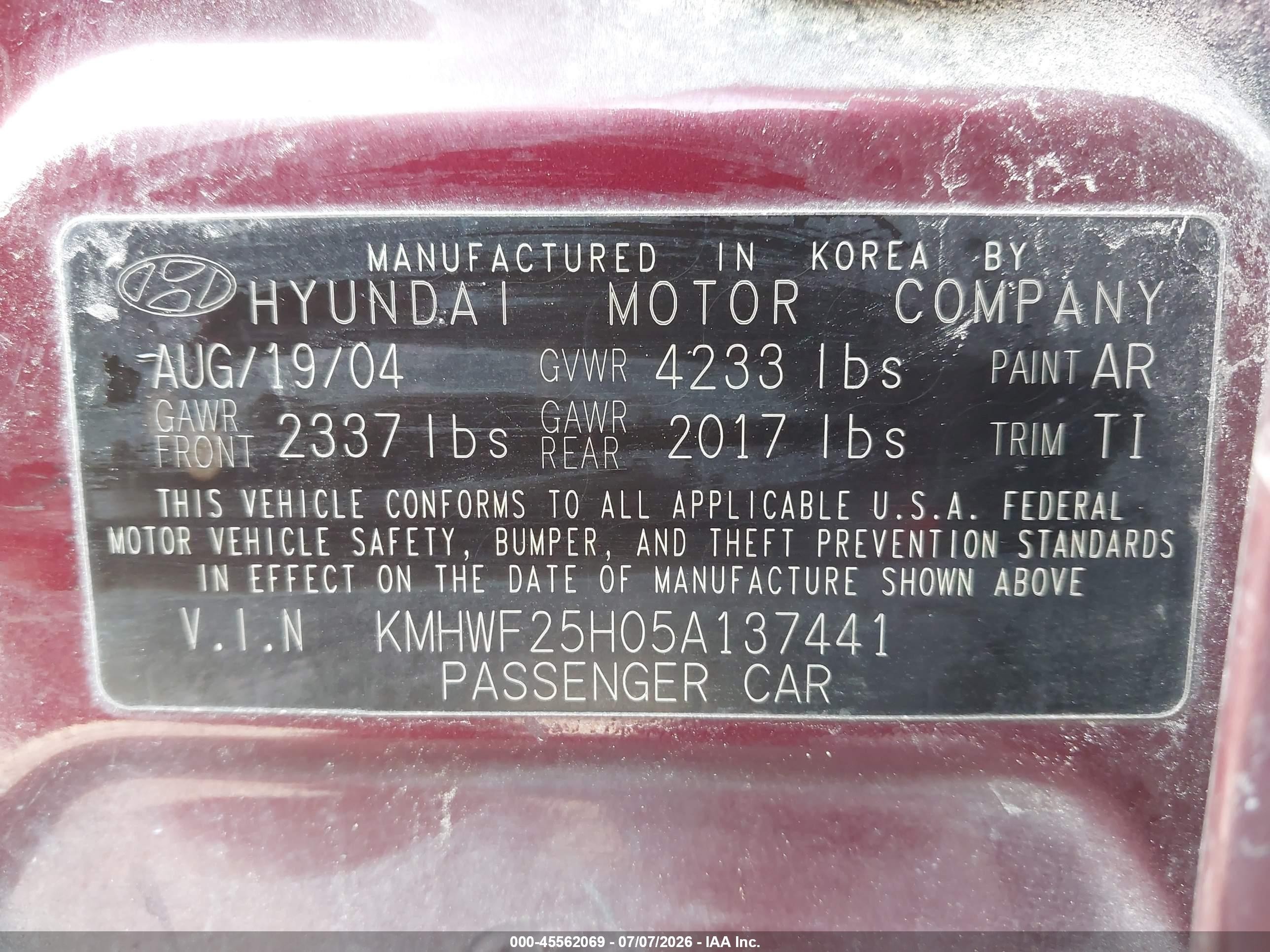 2005 Hyundai Sonata Gl V6 Burgundy vin: KMHWF25H05A137441