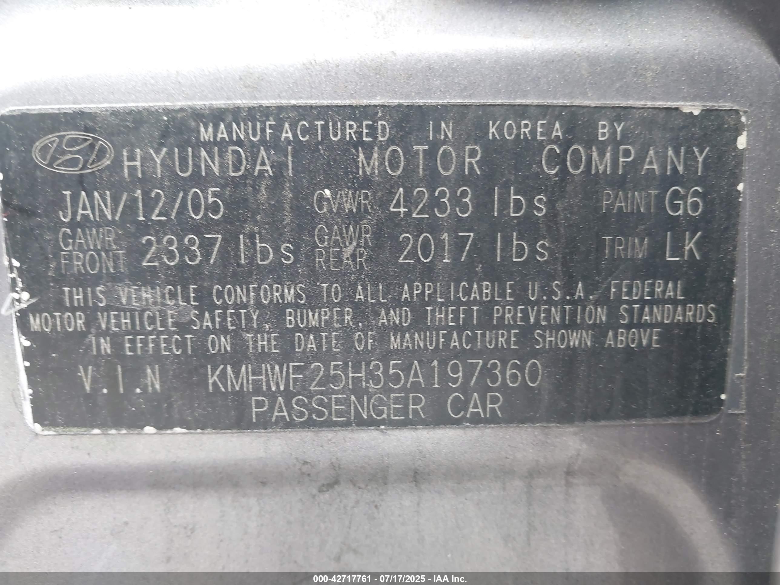 2005 Hyundai Sonata Gl V6 Gray vin: KMHWF25H35A197360