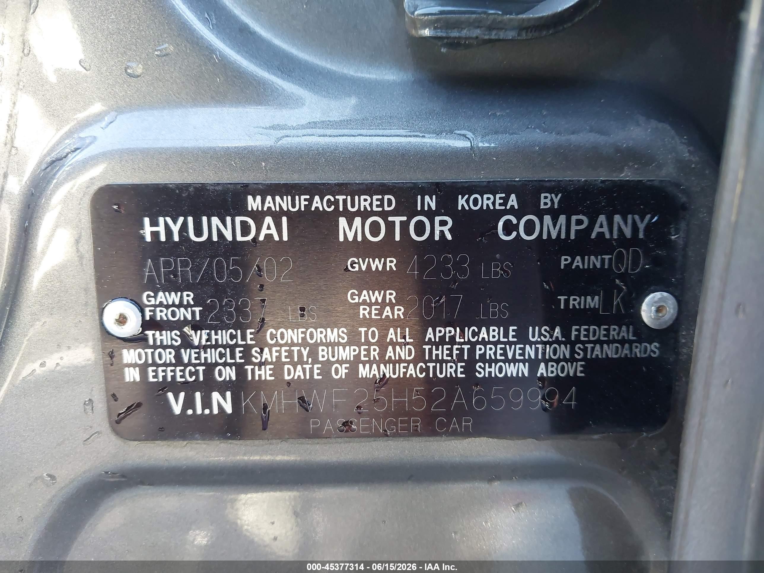 2002 Hyundai Sonata Gls Gray vin: KMHWF25H52A659994