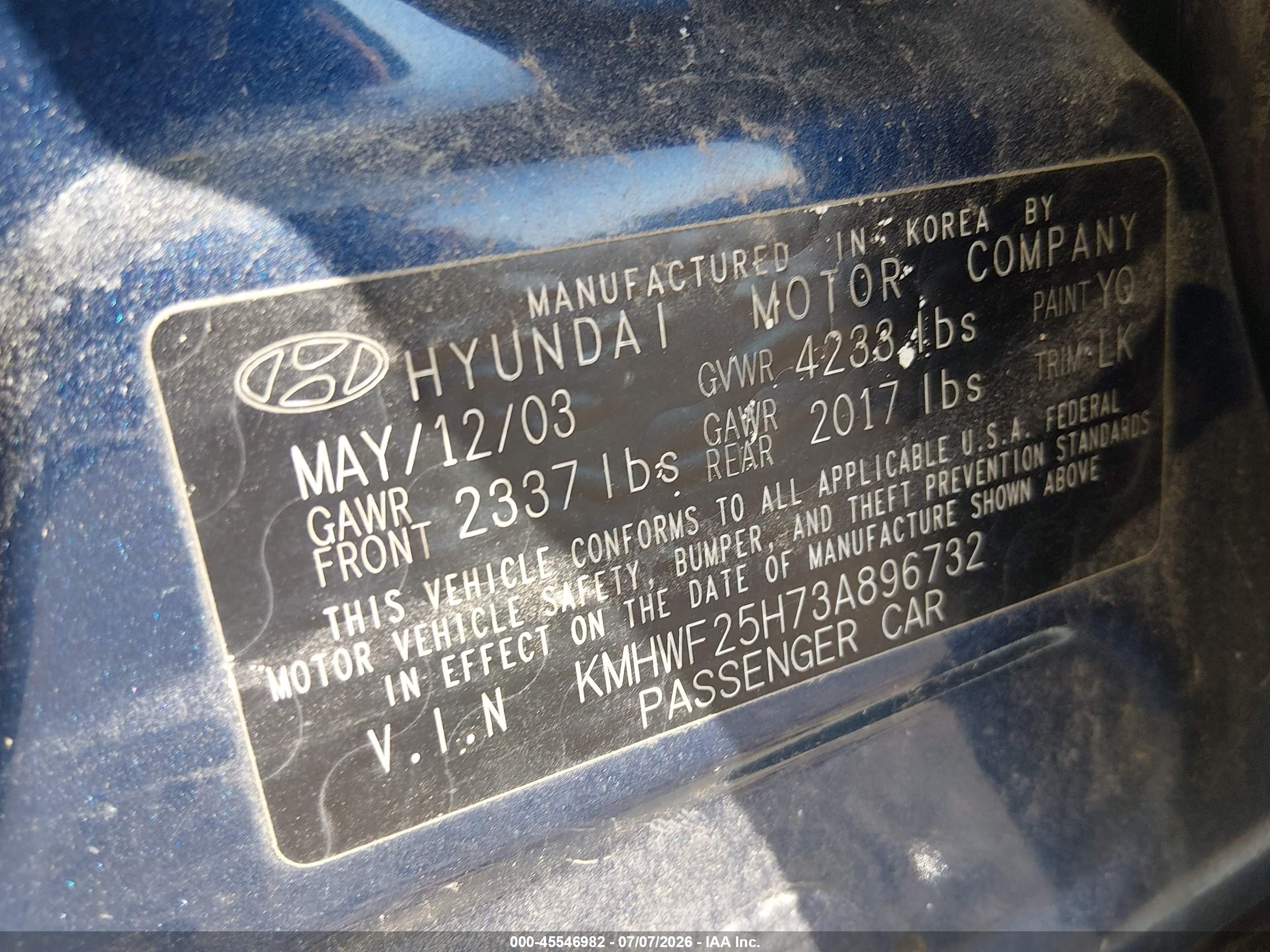 2003 Hyundai Sonata Base W/2.7l V6 Blue vin: KMHWF25H73A896732