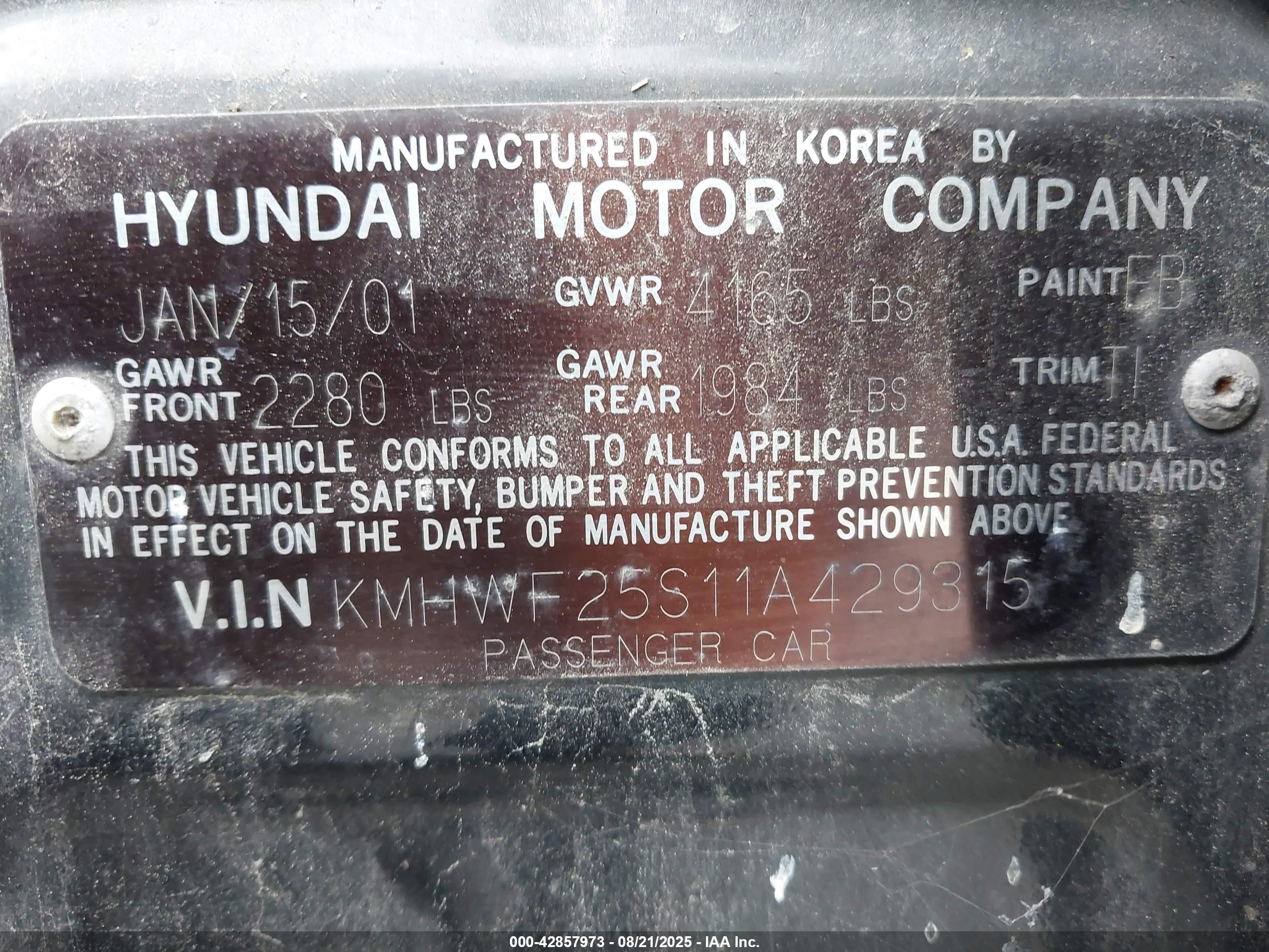 2001 Hyundai Sonata   Черный vin: KMHWF25S11A429315