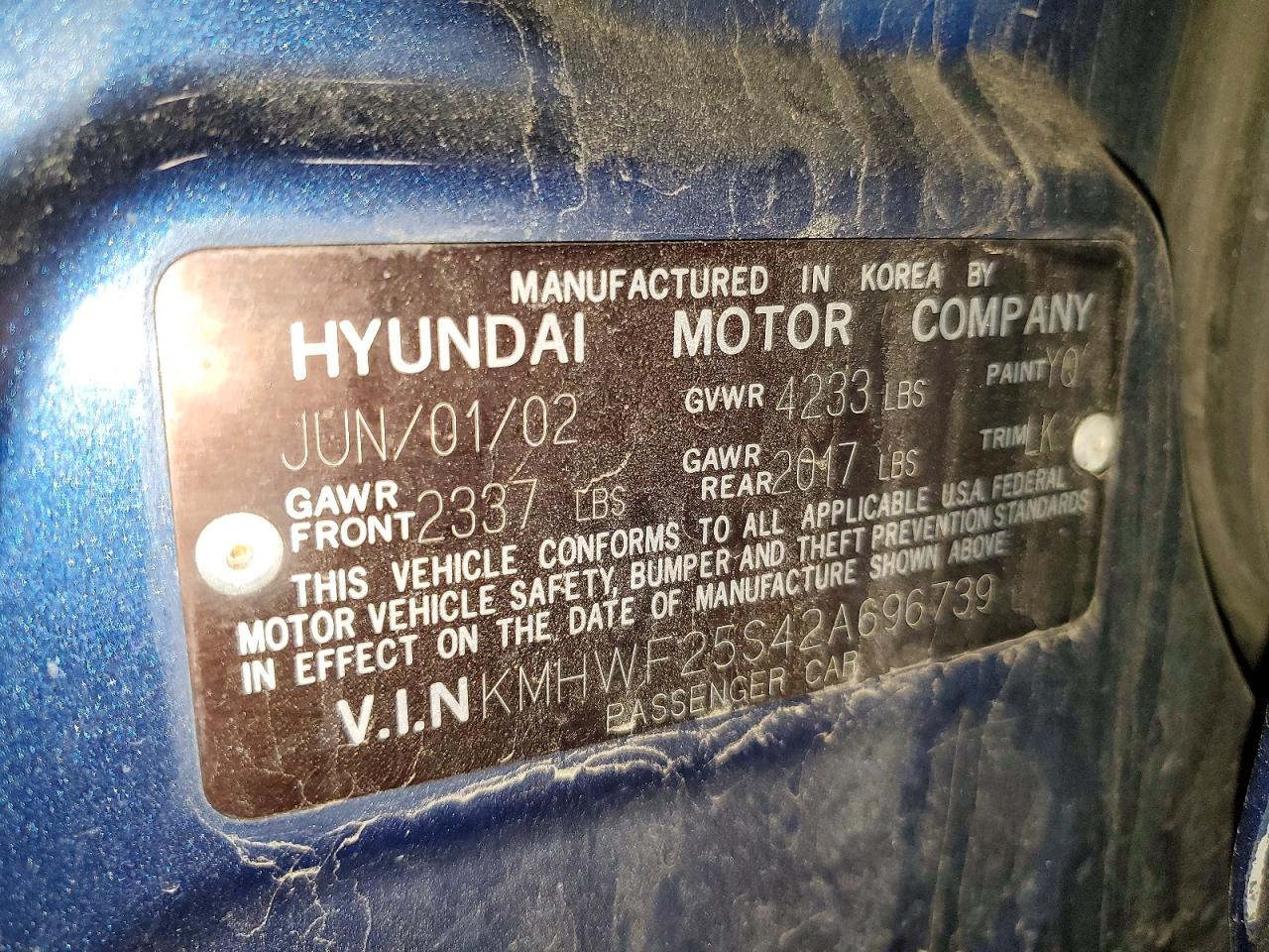 2002 Hyundai Sonata Gl Blue vin: KMHWF25S42A696739