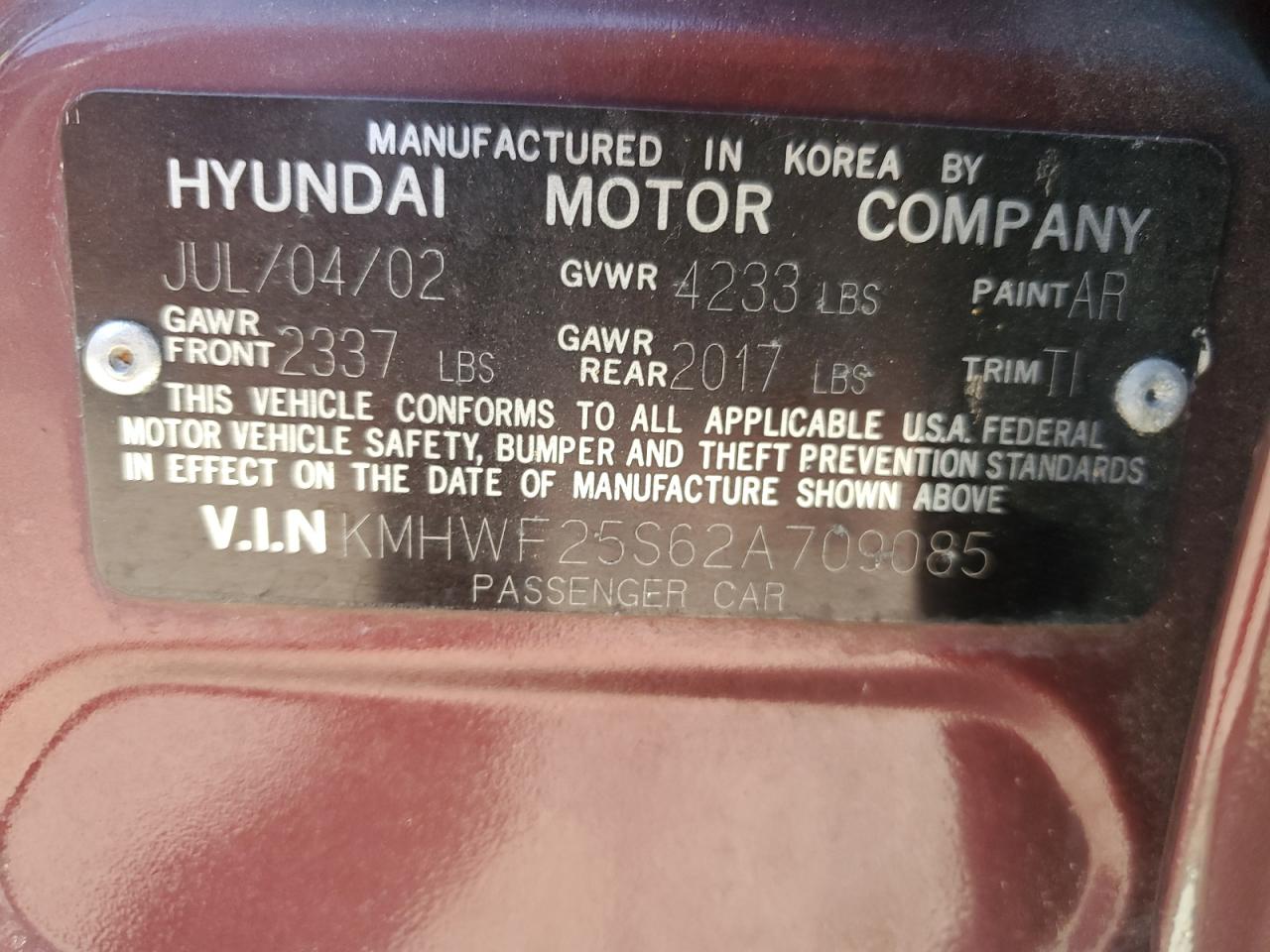 2002 Hyundai Sonata Gl Burgundy vin: KMHWF25S62A709085