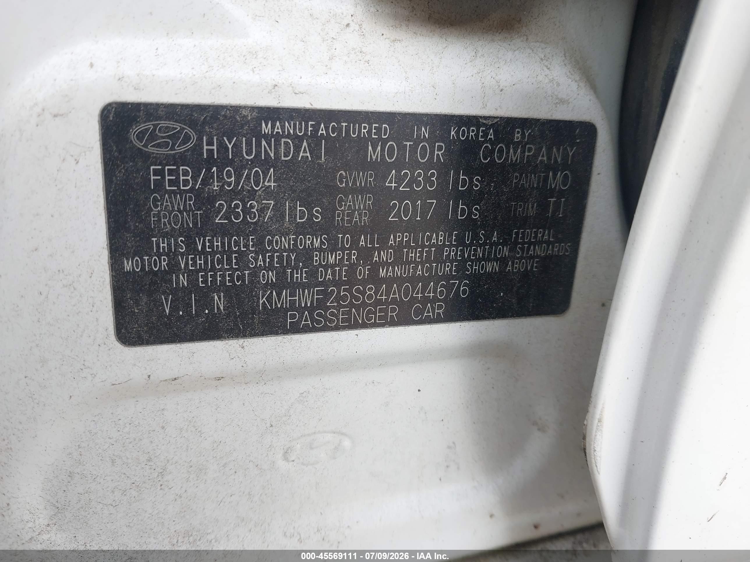 2004 Hyundai Sonata   Белый vin: KMHWF25S84A044676