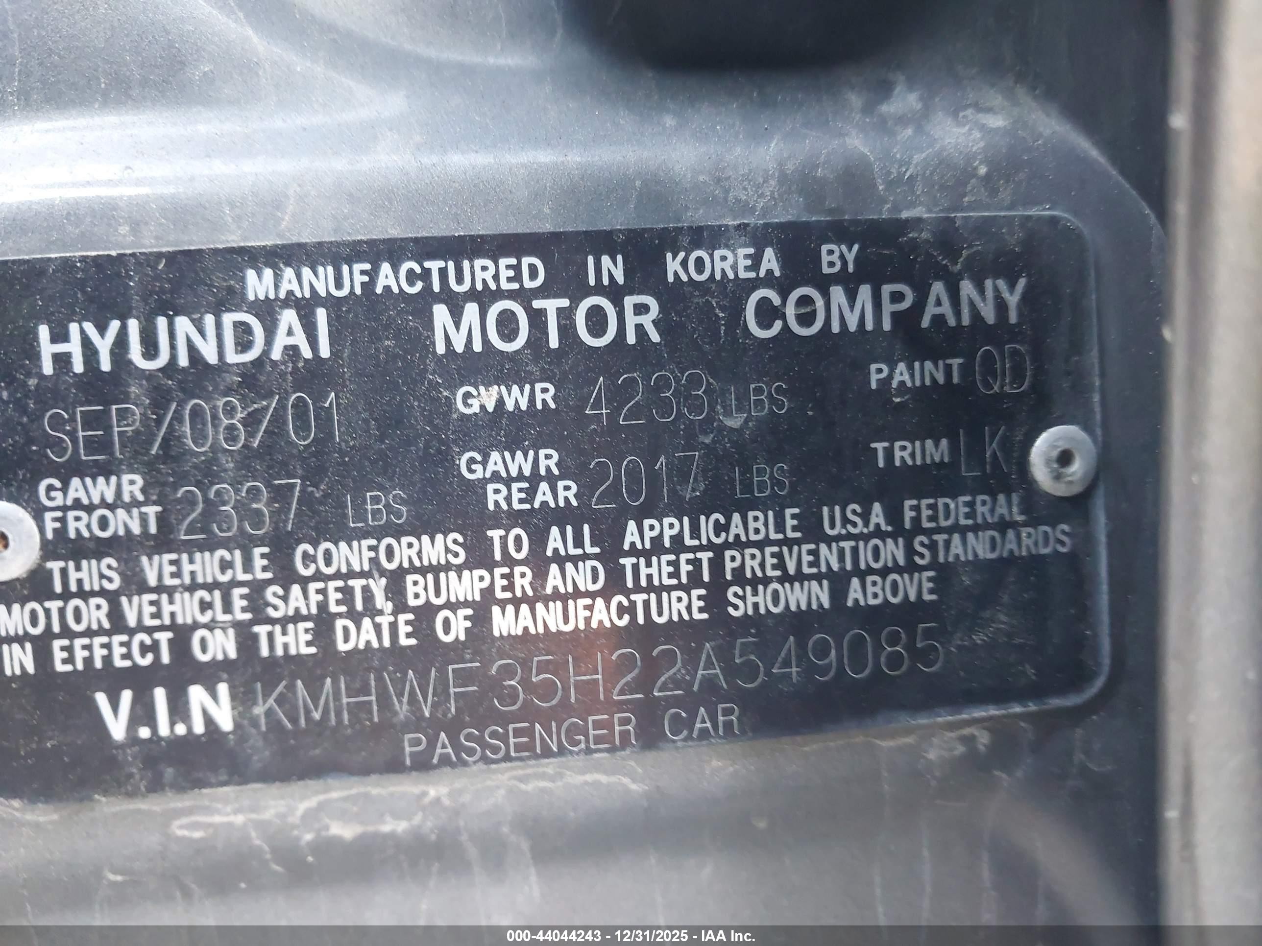 2002 Hyundai Sonata Gls/lx Gray vin: KMHWF35H22A549085