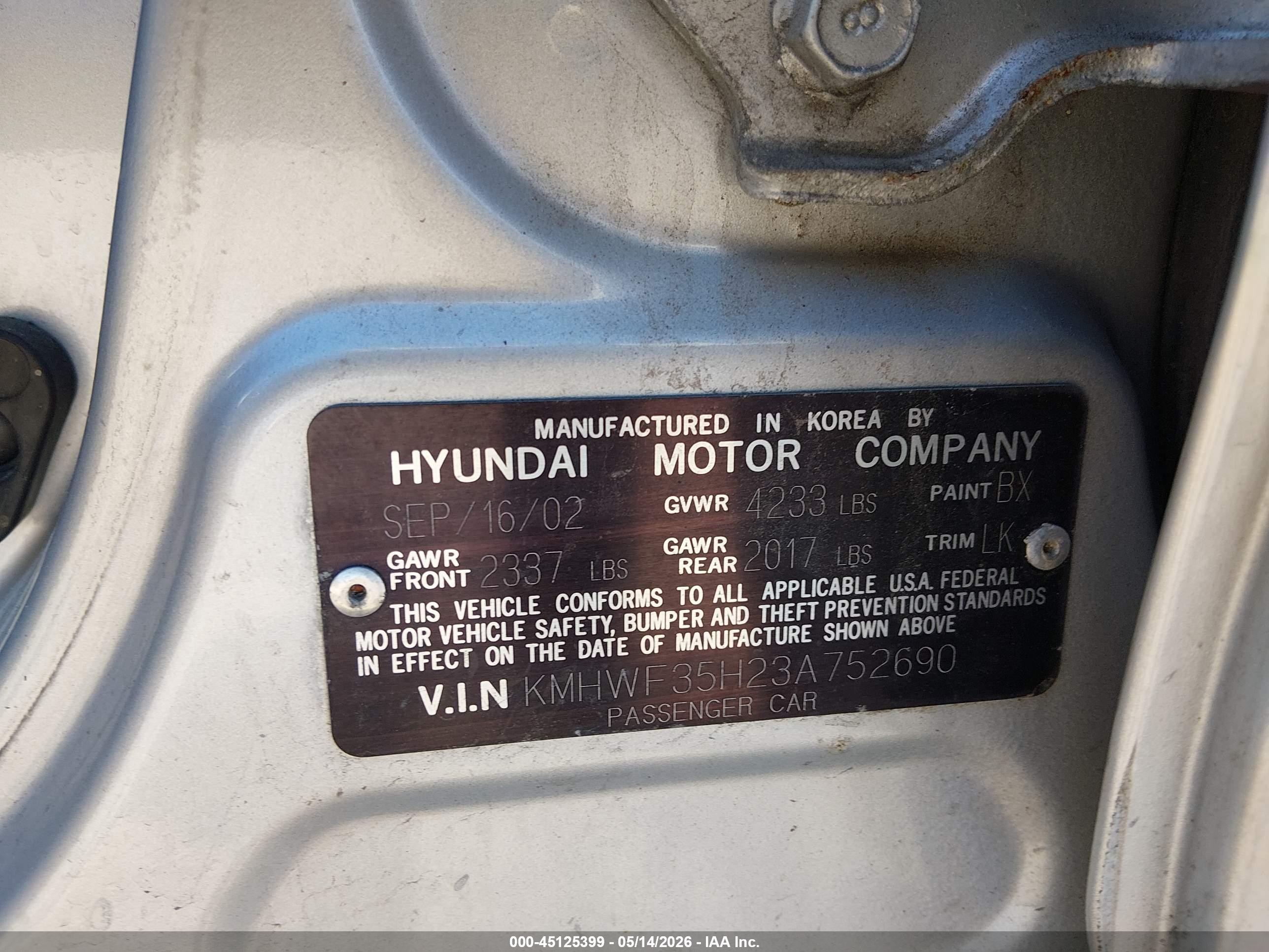2003 Hyundai Sonata Gls/lx Gray vin: KMHWF35H23A752690