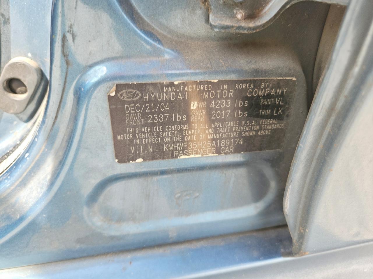 2005 Hyundai Sonata Gls Blue vin: KMHWF35H25A189174