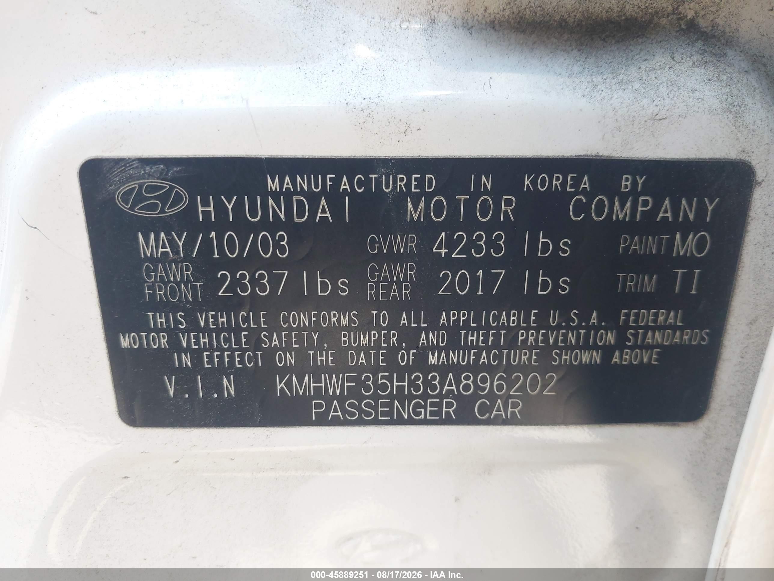 2003 Hyundai Sonata Gls/lx White vin: KMHWF35H33A896202