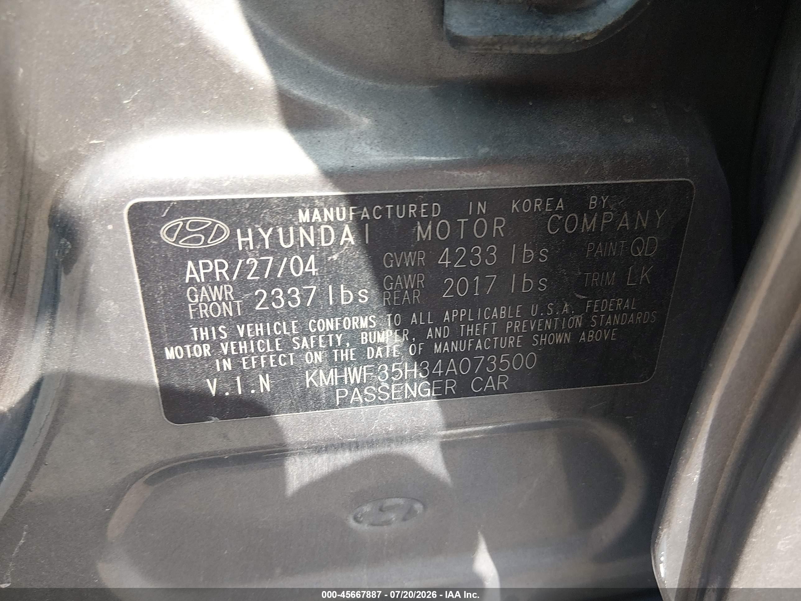 2004 Hyundai Sonata Gls/lx Gray vin: KMHWF35H34A073500