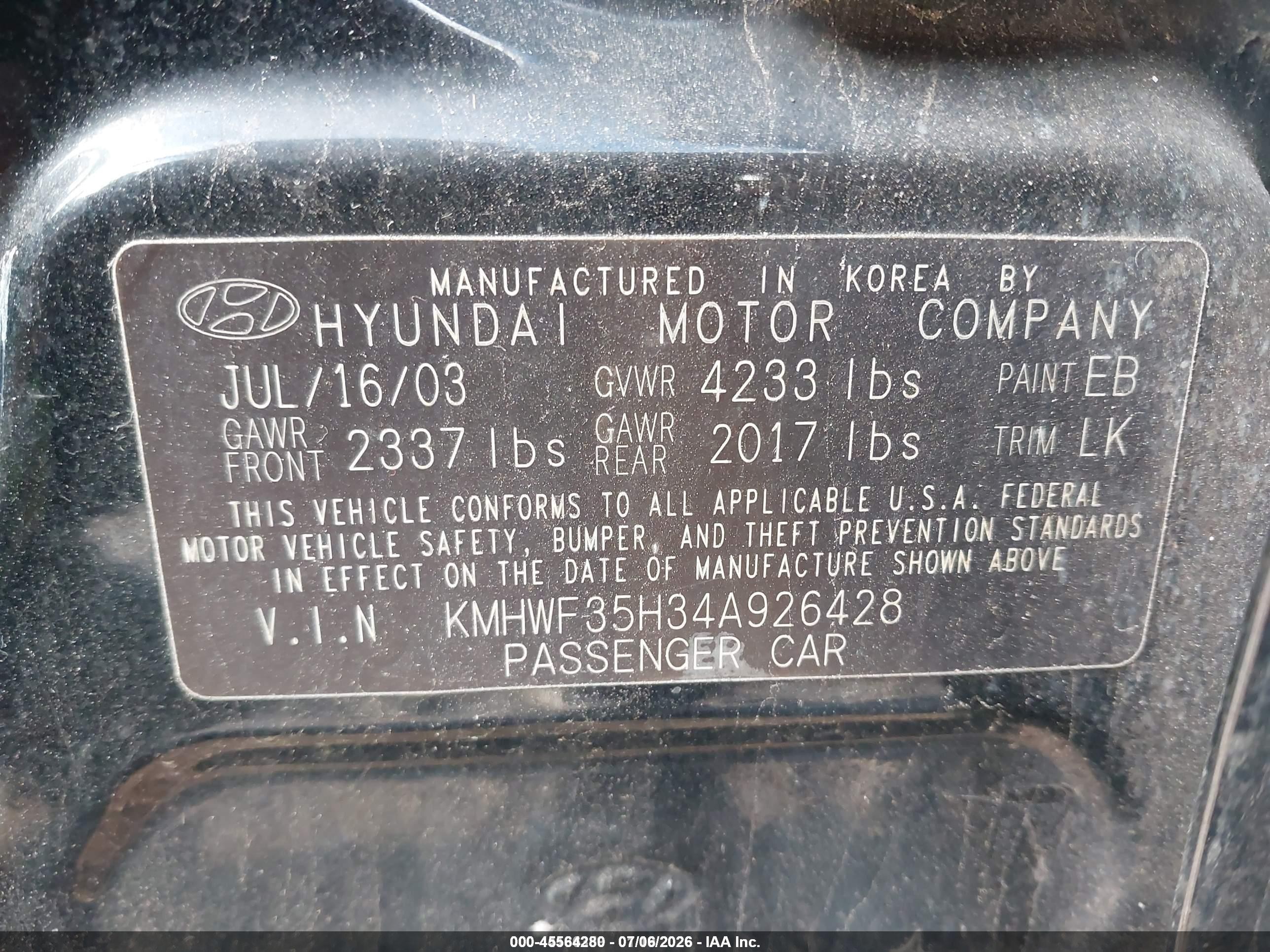 2004 Hyundai Sonata Gls/lx Черный vin: KMHWF35H34A926428