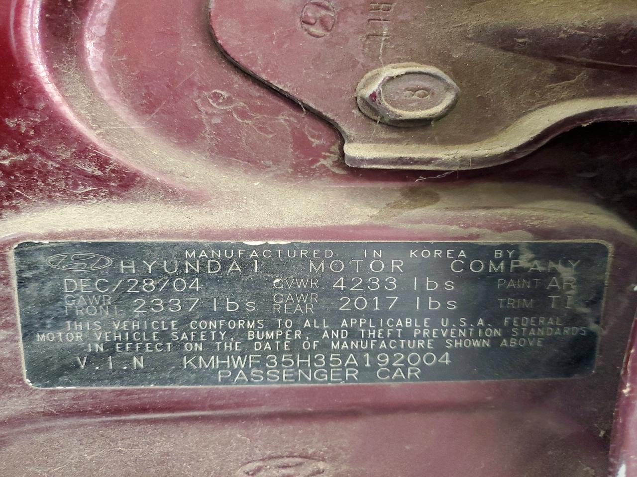 2005 Hyundai Sonata Gls Burgundy vin: KMHWF35H35A192004