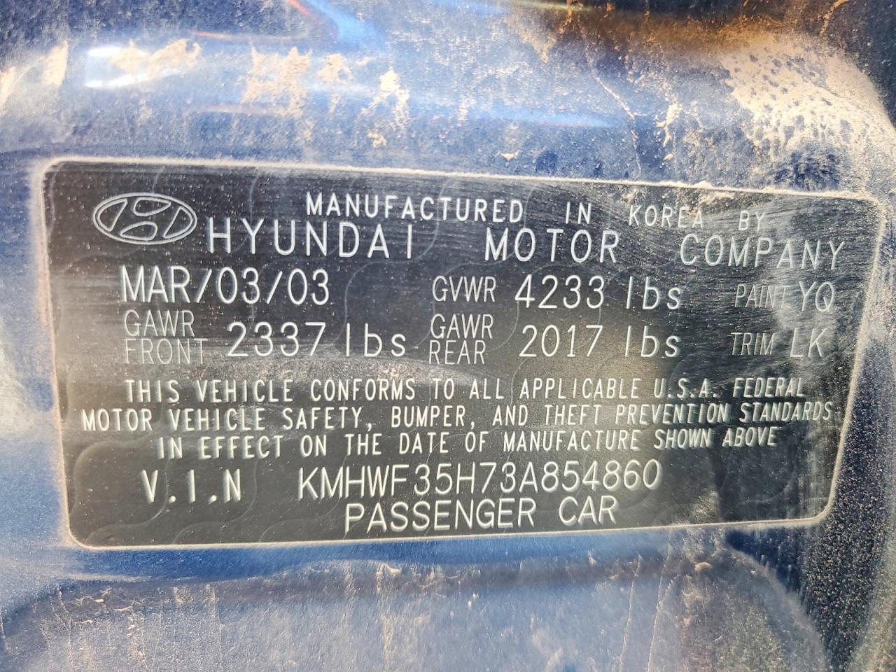 2003 Hyundai Sonata Blue vin: KMHWF35H73A854860