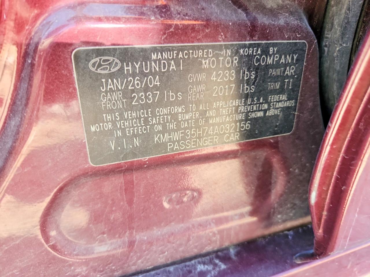 2004 Hyundai Sonata Gls/lx Maroon vin: KMHWF35H74A032156