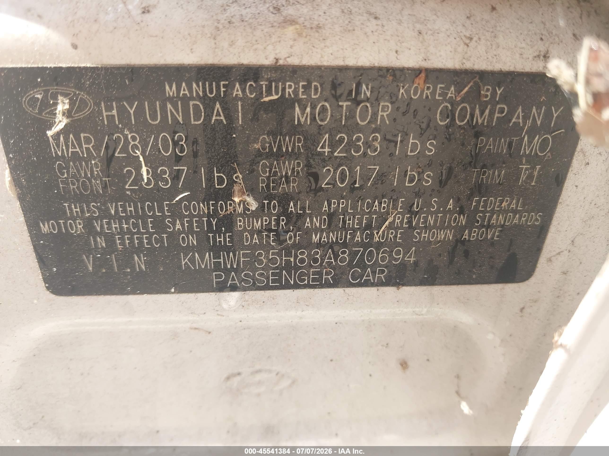 2003 Hyundai Sonata Gls/lx White vin: KMHWF35H83A870694