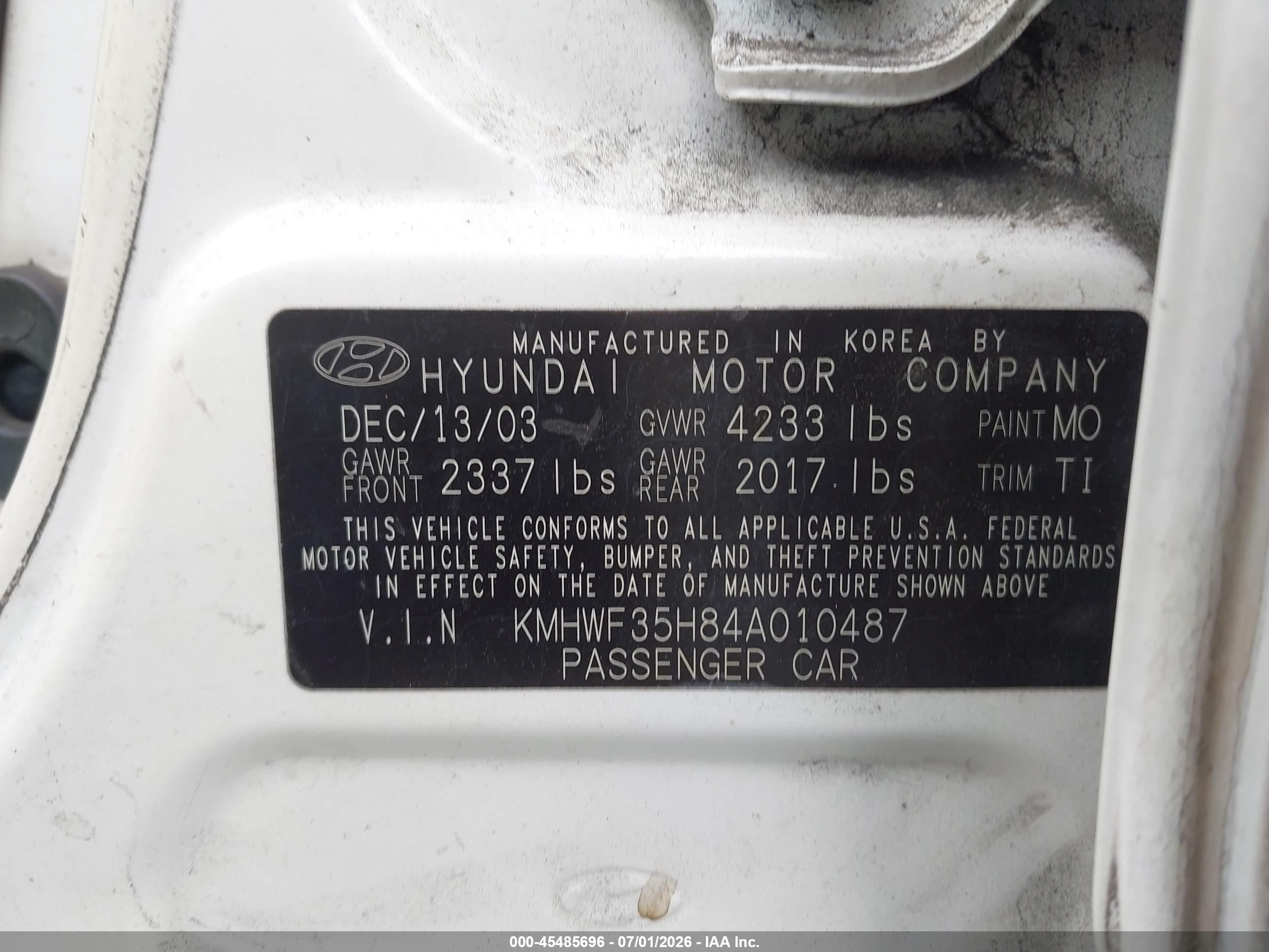 2004 Hyundai Sonata Gls/lx White vin: KMHWF35H84A010487